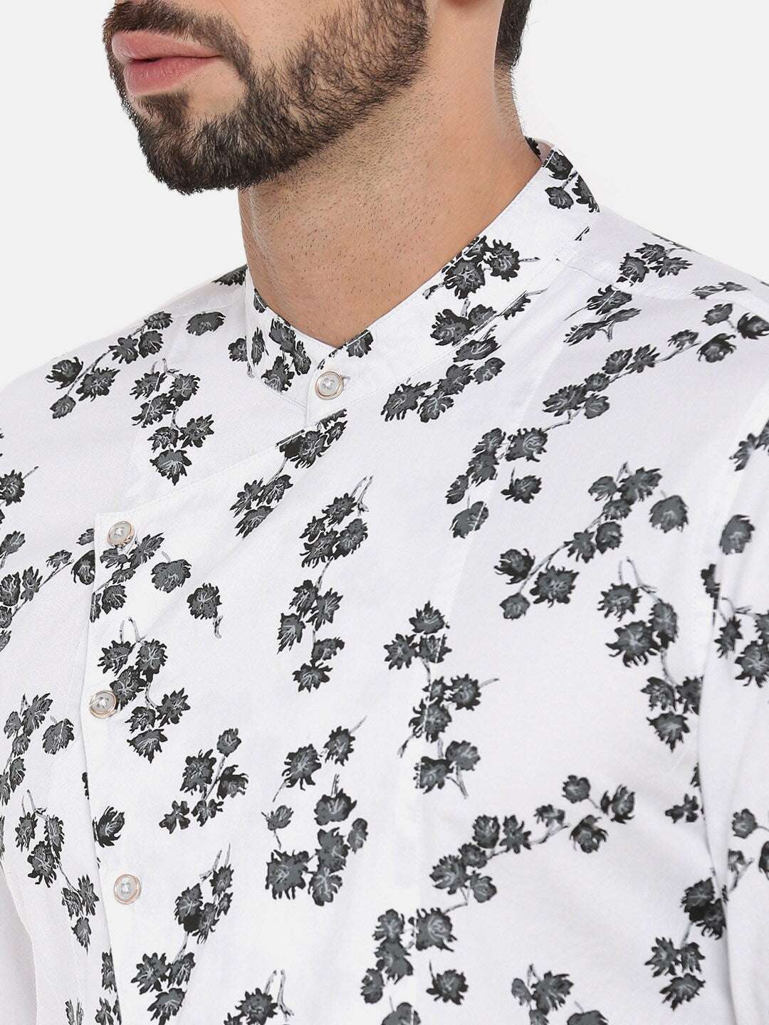 Shop The Indian Garage Co Men White & Grey Floral Printed Kurta Online.