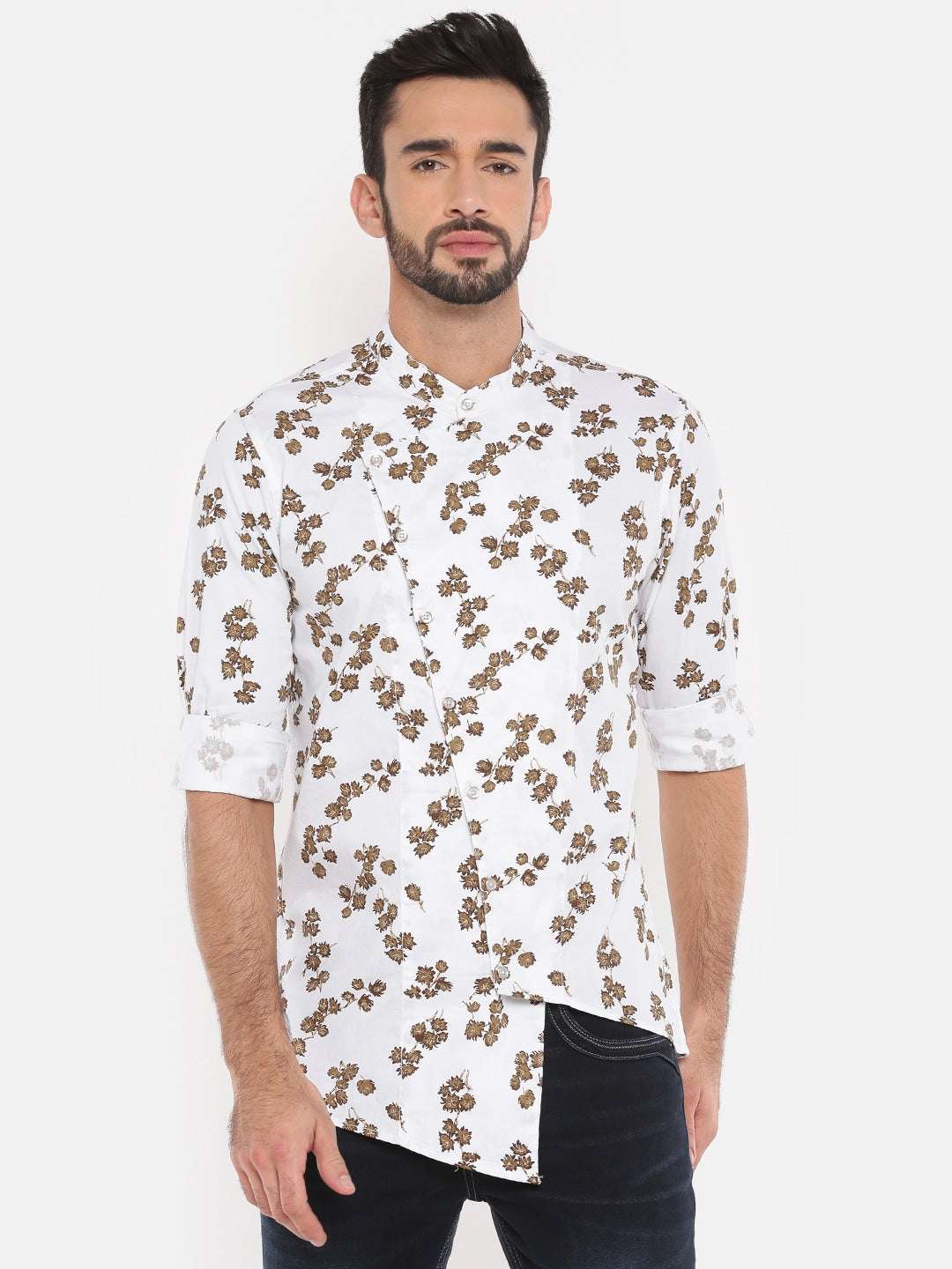 Shop The Indian Garage Co Men White Printed Straight Asymmetric Kurta Online.