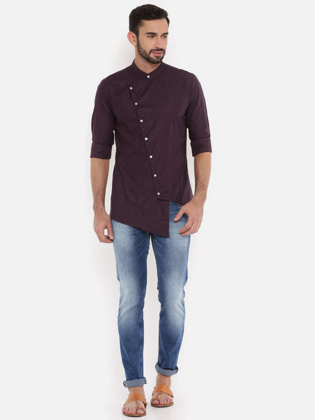 Shop The Indian Garage Co Men Maroon Printed Asymmetric Kurta Online.