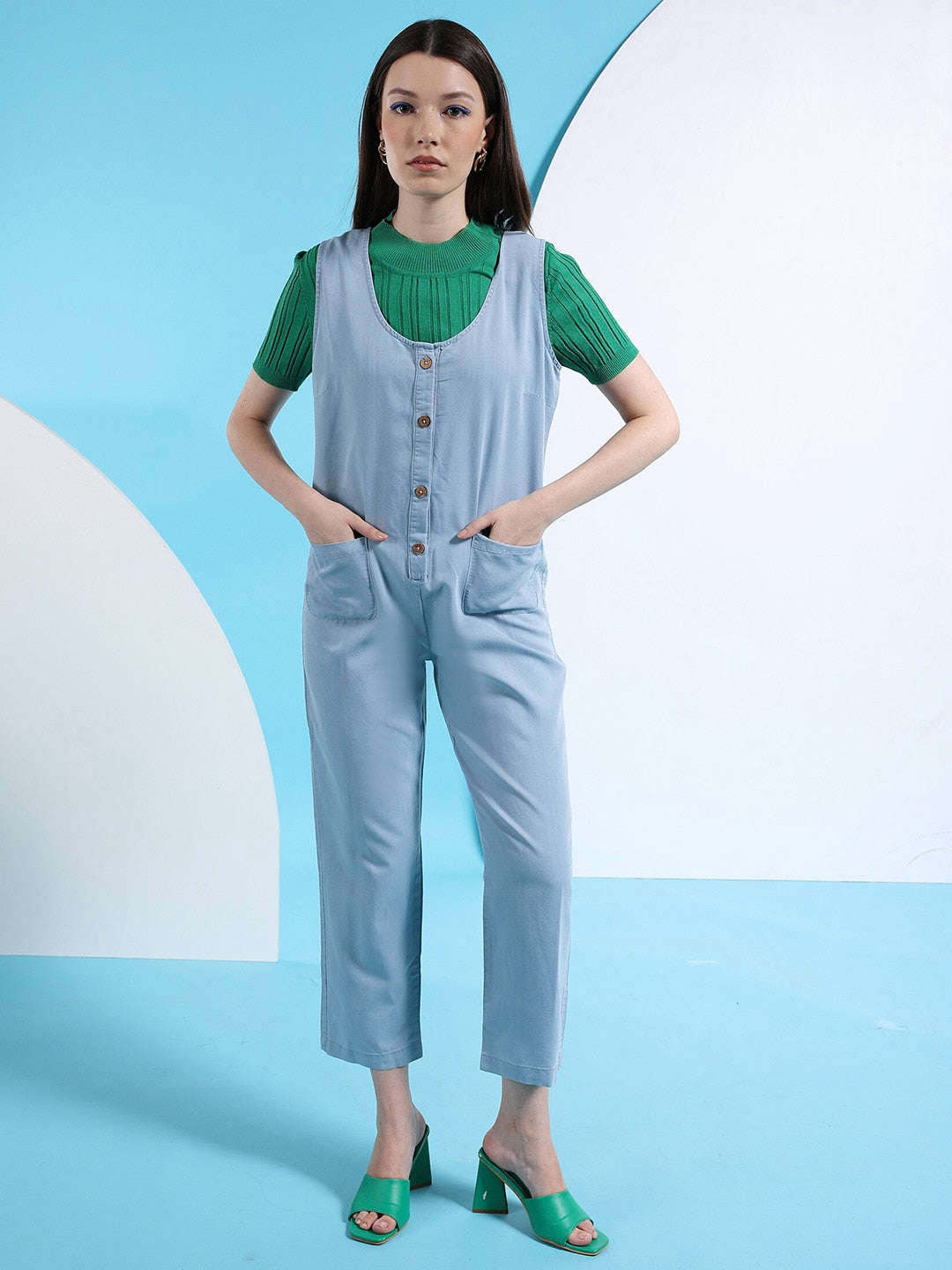 Shop Women Flare Denim Jumpsuit Online.