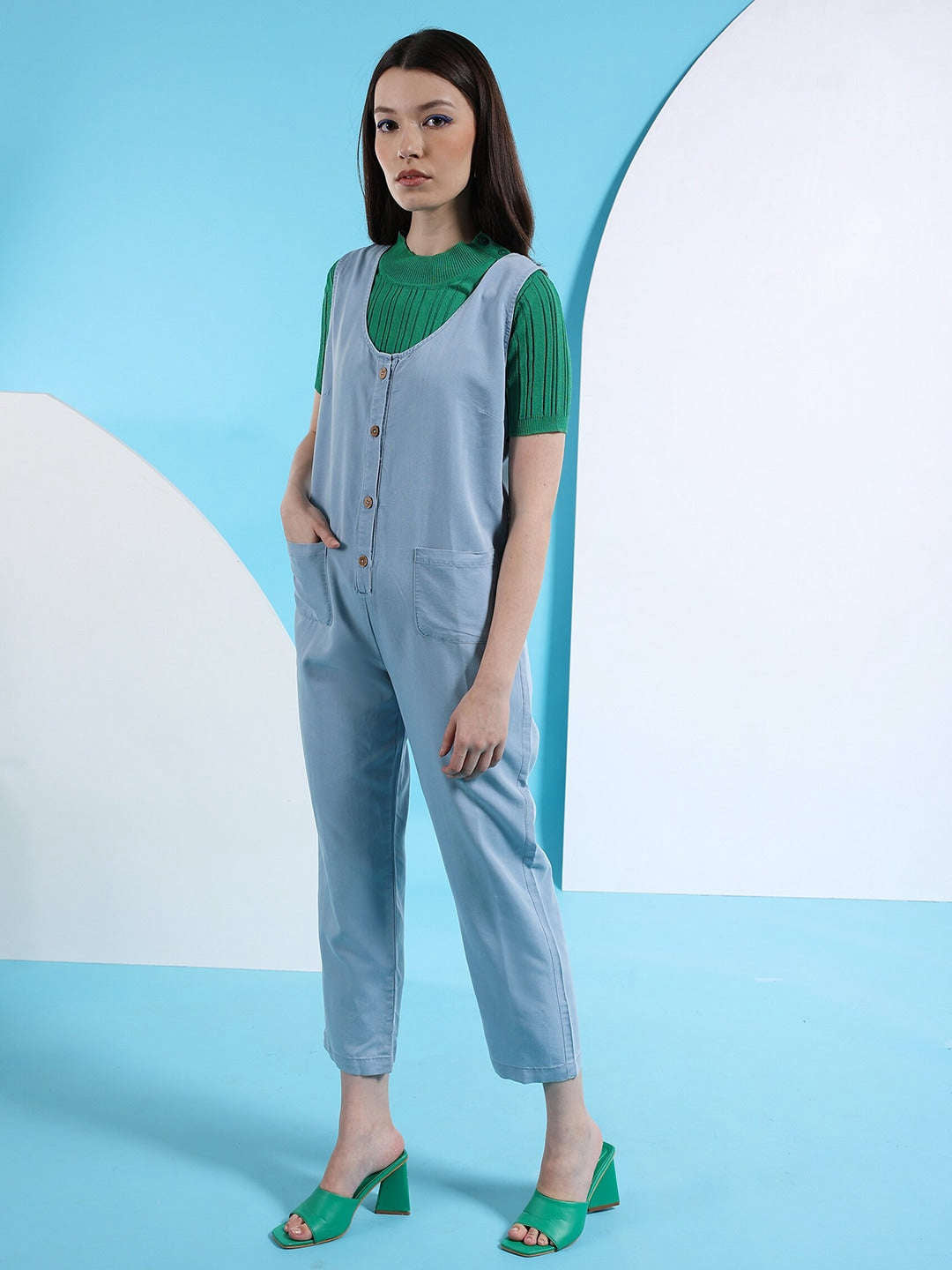 Shop Women Flare Denim Jumpsuit Online.