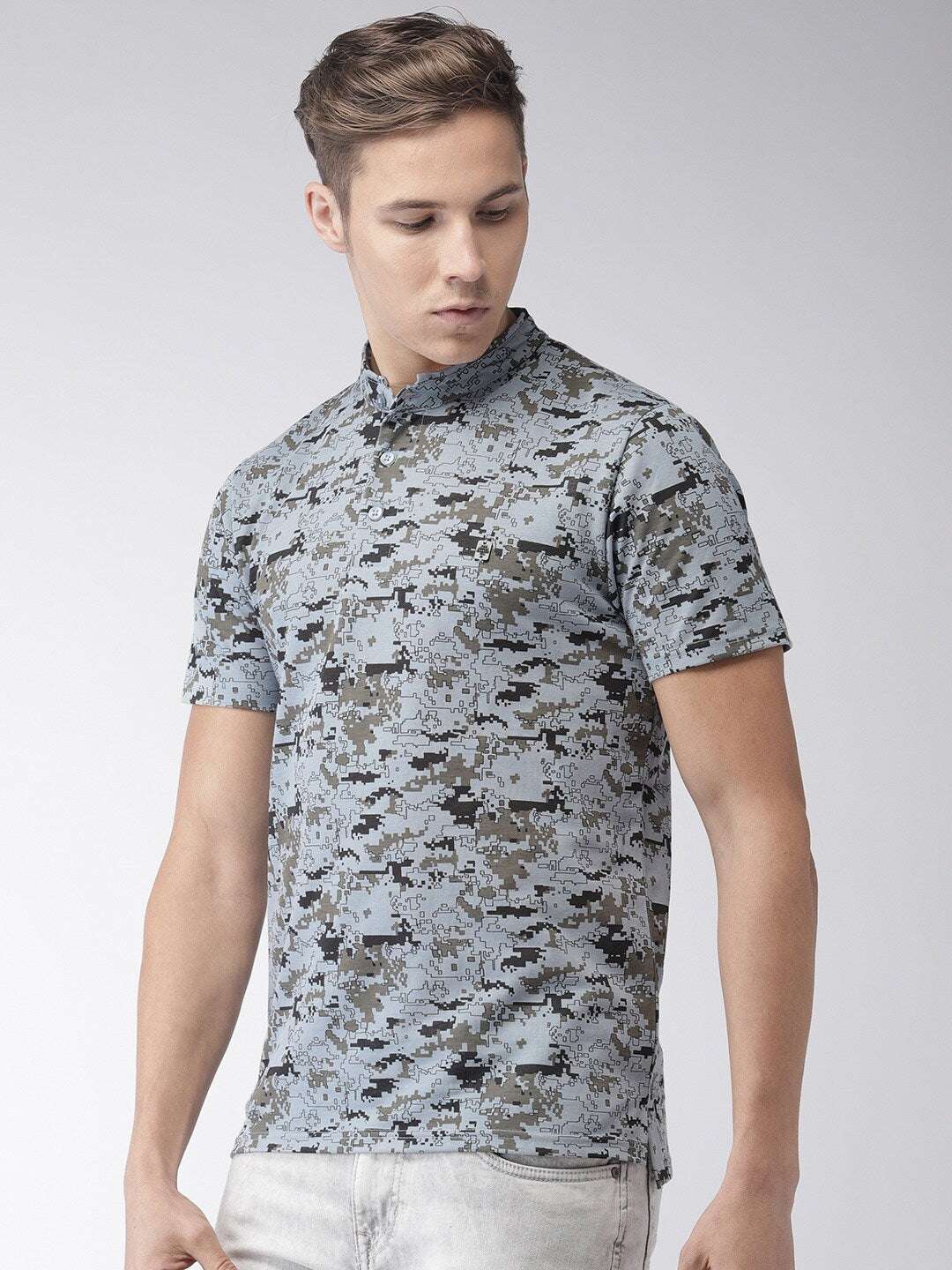 Shop The Indian Garage Co Men Blue Printed Mandarin Collar T-Shirt Online.