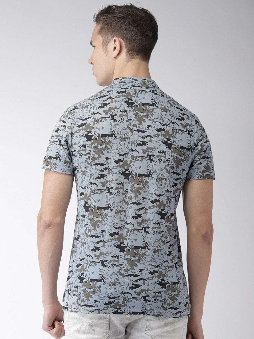 Shop The Indian Garage Co Men Blue Printed Mandarin Collar T-Shirt Online.