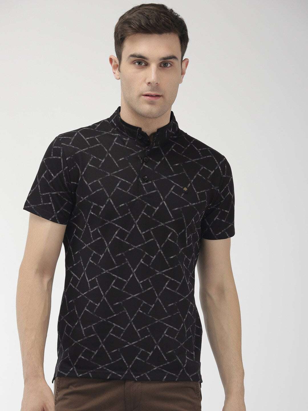 Shop The Indian Garage Co Men Black Printed Mandarin Collar T-Shirt Online.