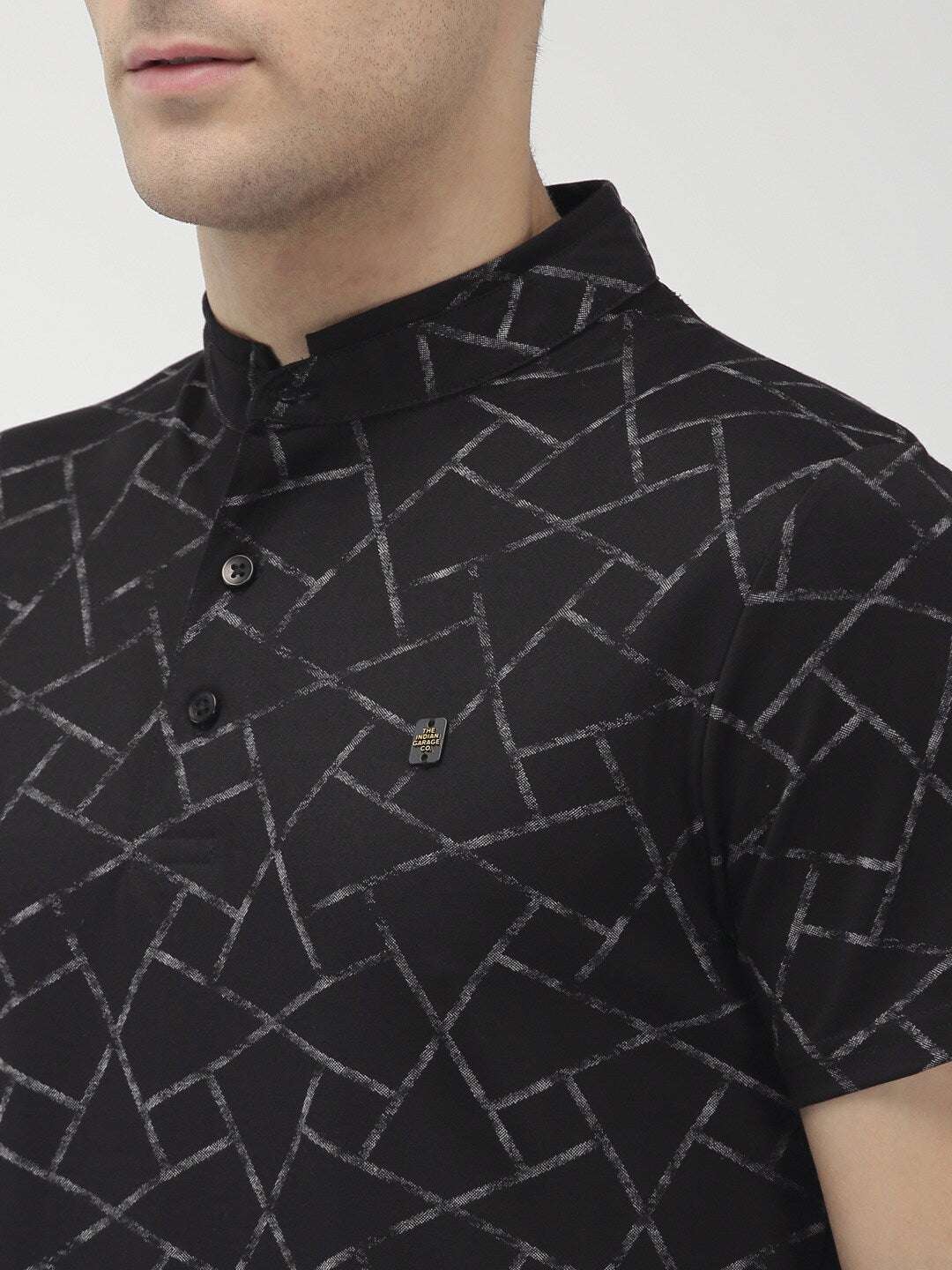 Shop The Indian Garage Co Men Black Printed Mandarin Collar T-Shirt Online.