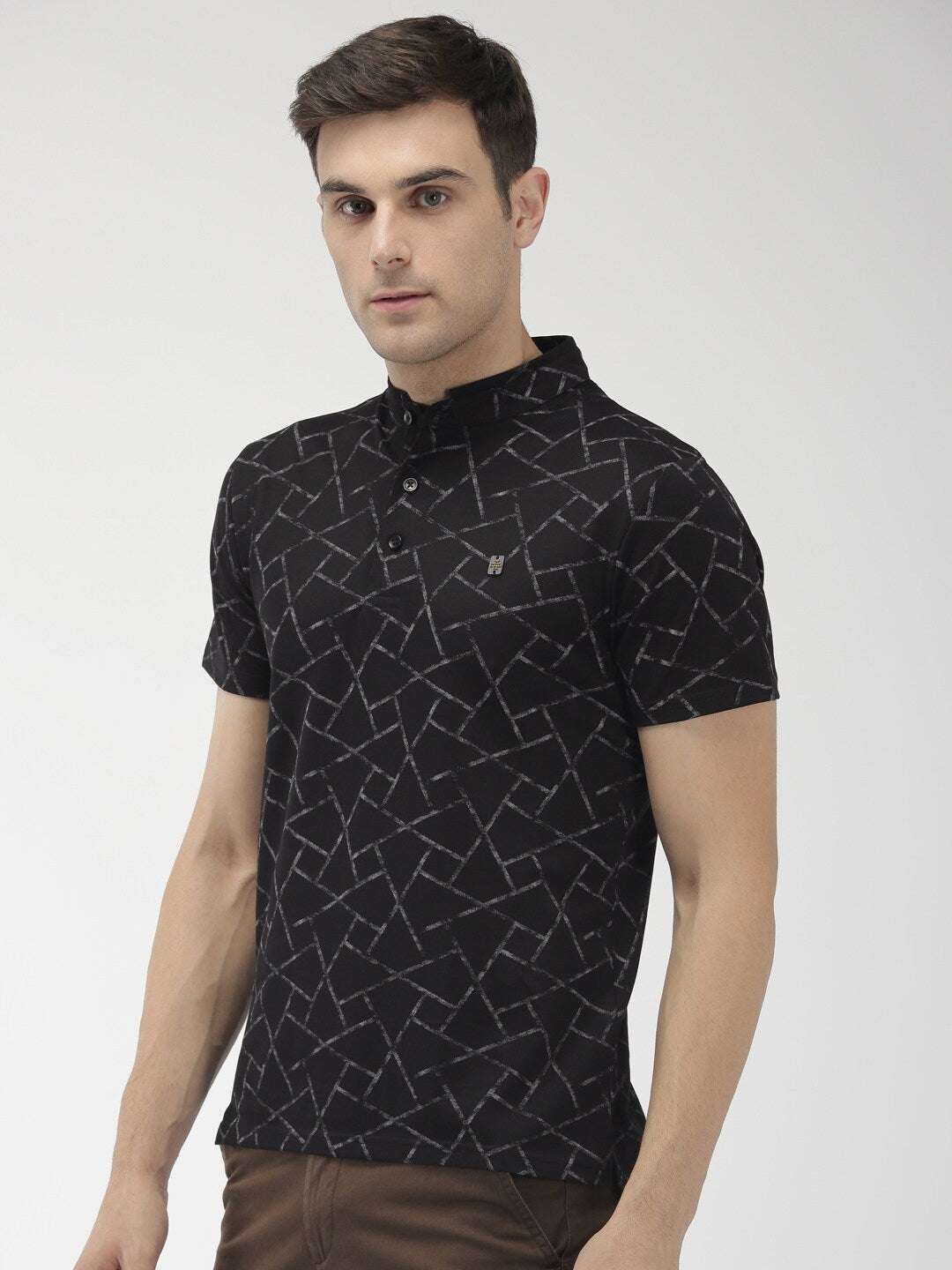 Shop The Indian Garage Co Men Black Printed Mandarin Collar T-Shirt Online.