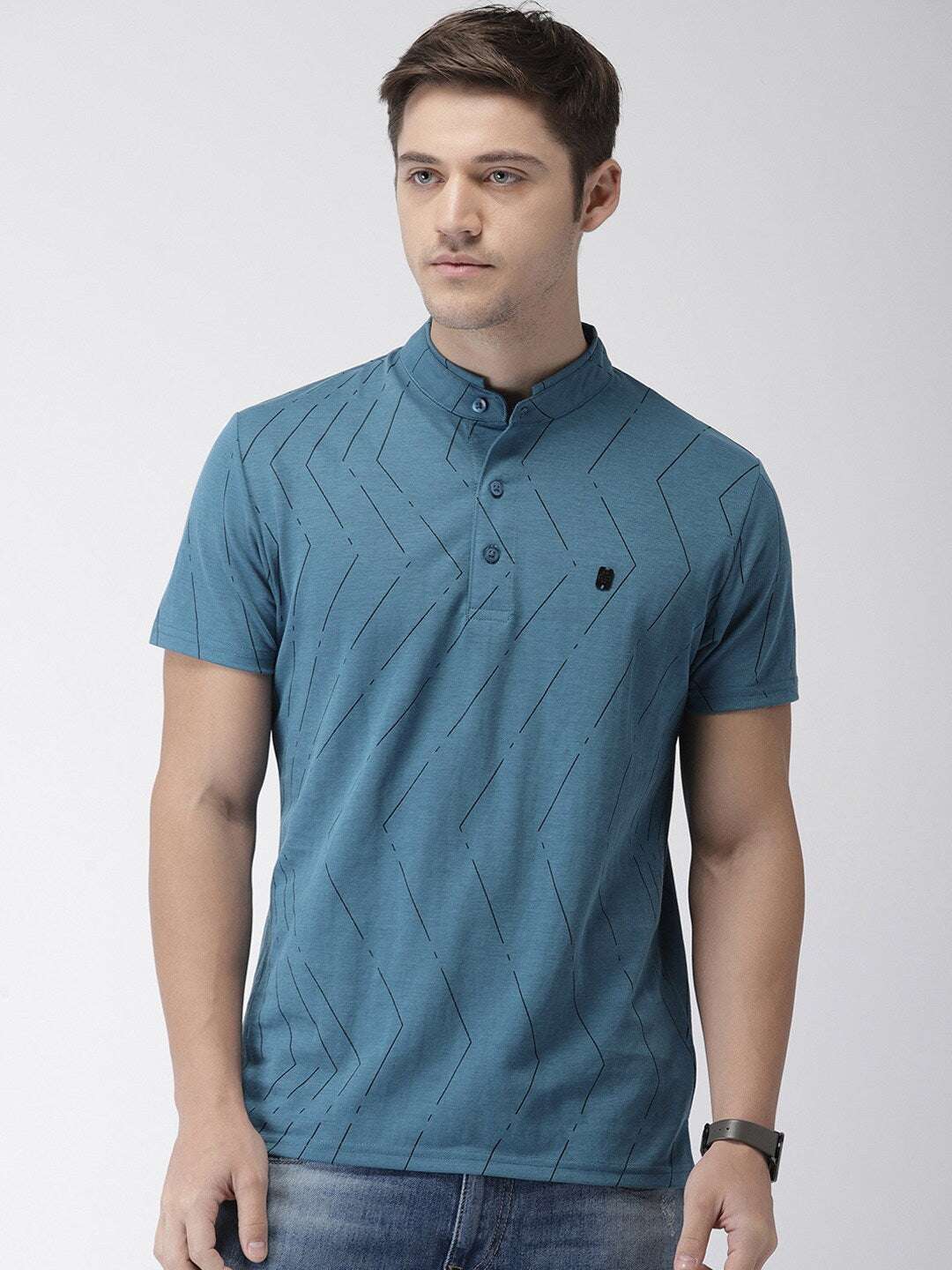 Shop The Indian Garage Co Men Teal Striped Mandarin Collar T-Shirt Online.