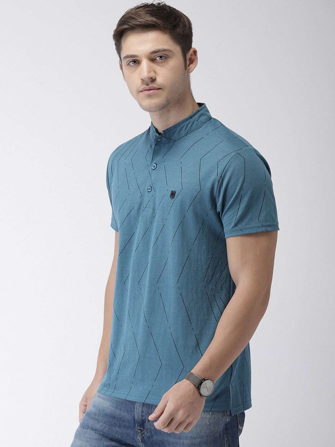 Shop The Indian Garage Co Men Teal Striped Mandarin Collar T-Shirt Online.