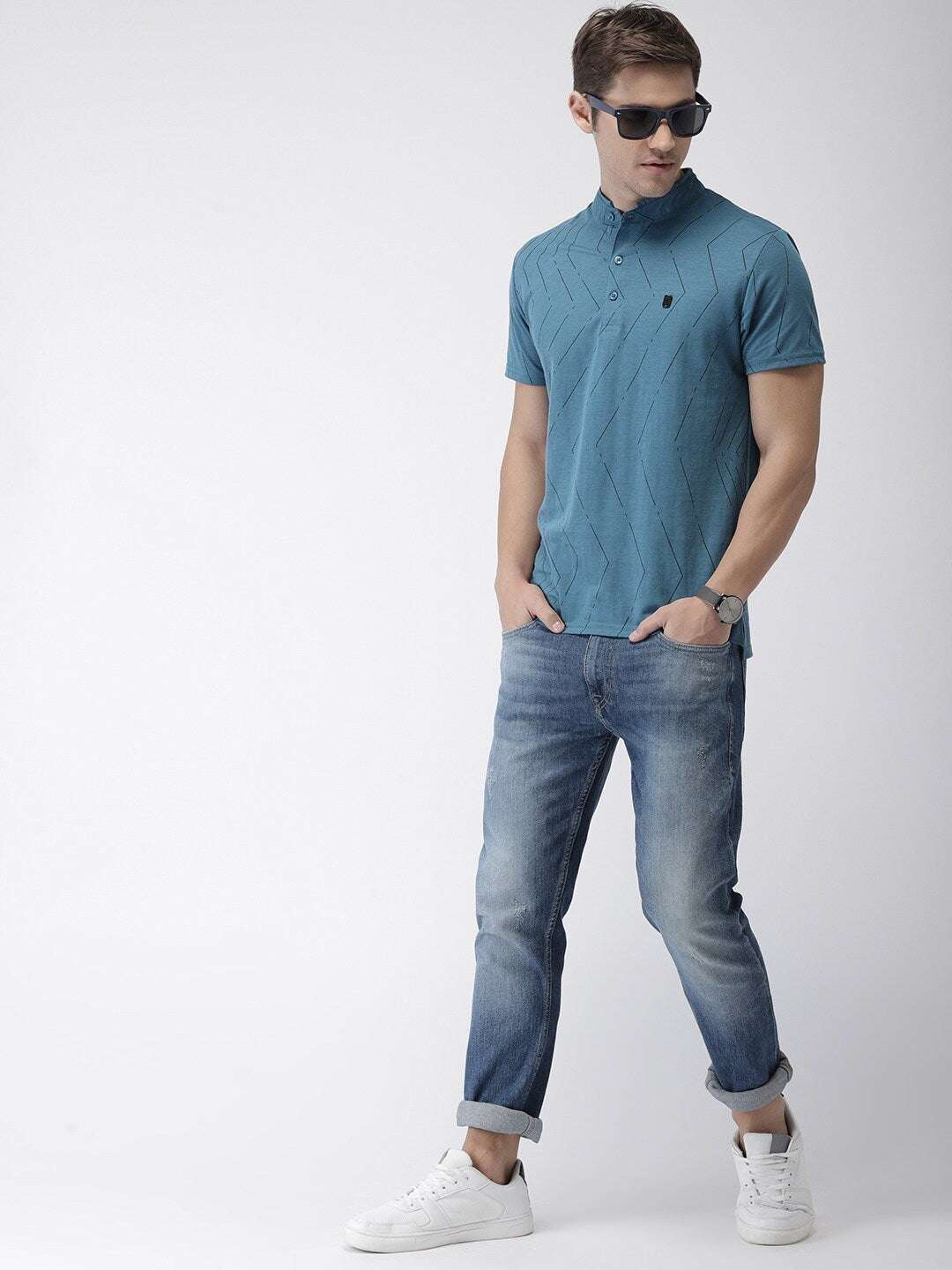 Shop The Indian Garage Co Men Teal Striped Mandarin Collar T-Shirt Online.