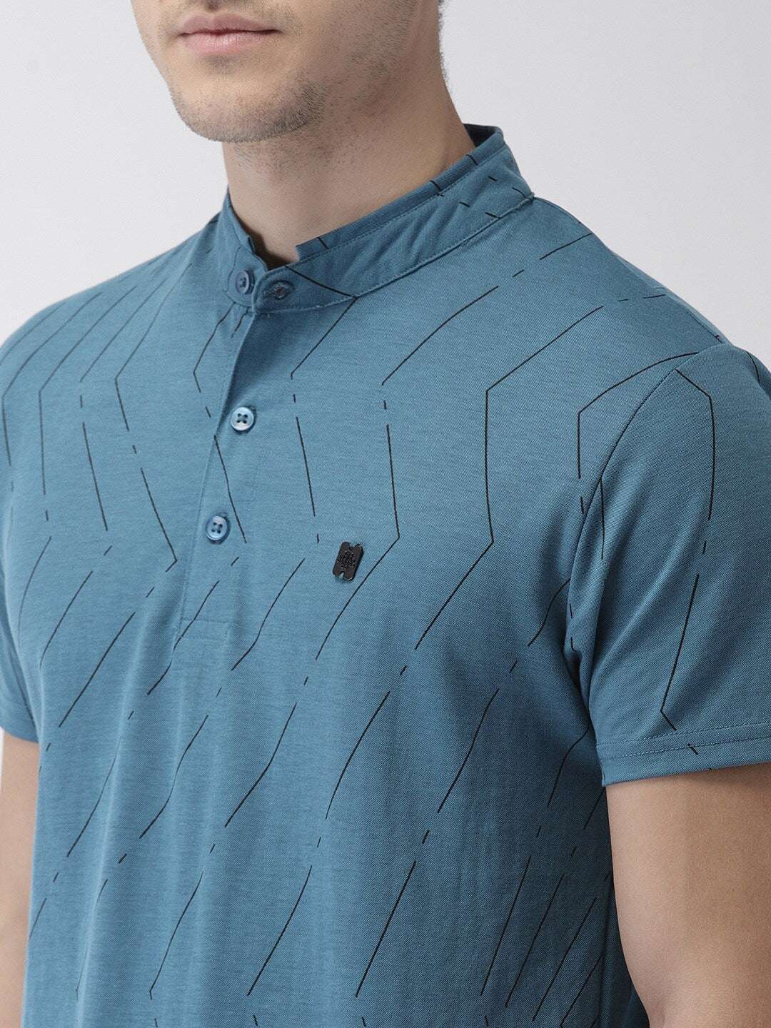 Shop The Indian Garage Co Men Teal Striped Mandarin Collar T-Shirt Online.