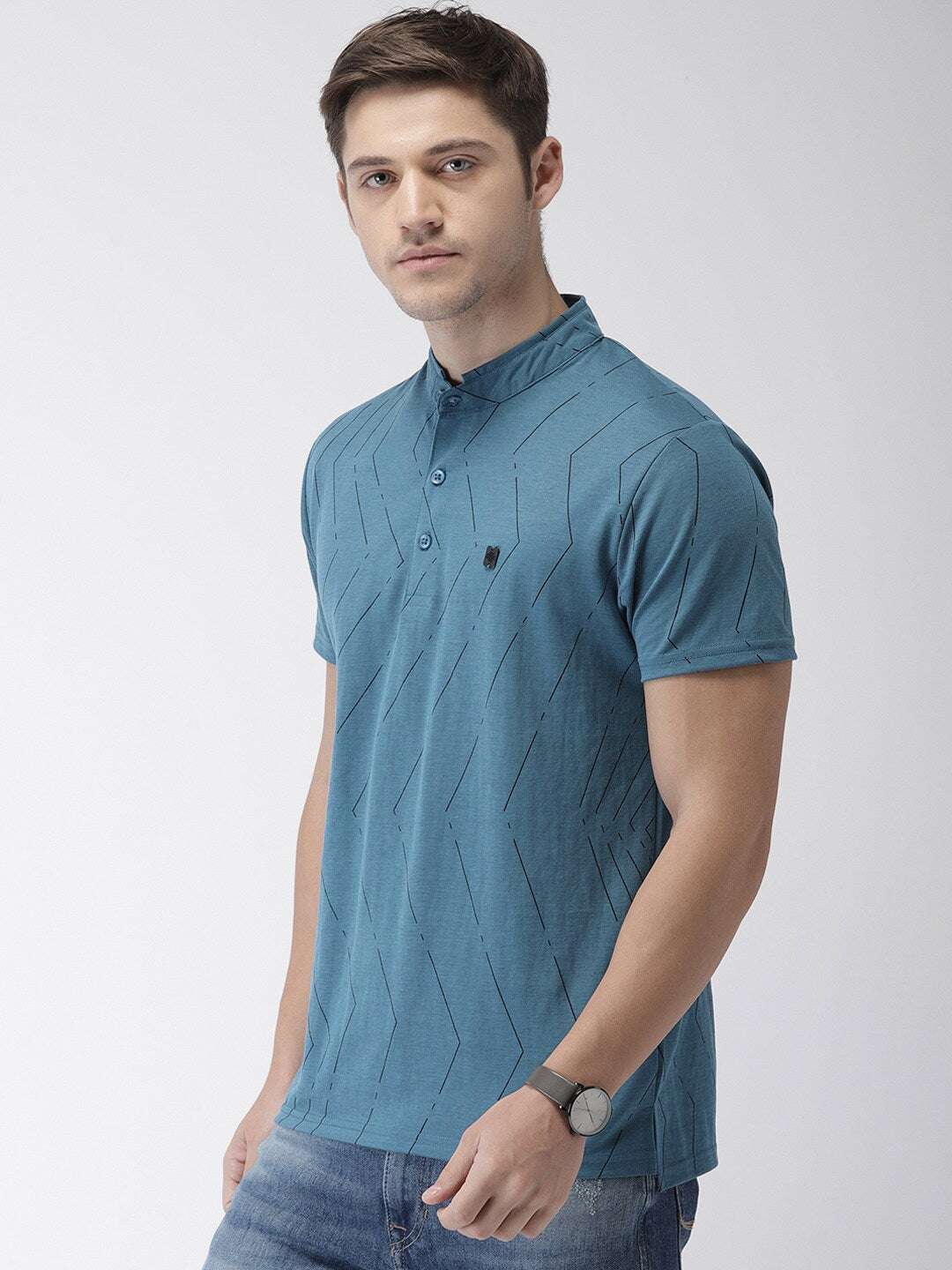 Shop The Indian Garage Co Men Teal Striped Mandarin Collar T-Shirt Online.