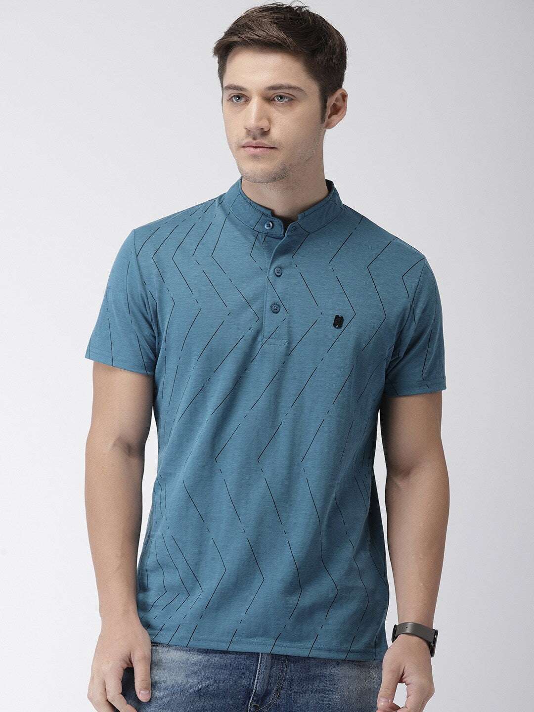 Shop The Indian Garage Co Men Teal Striped Mandarin Collar T-Shirt Online.