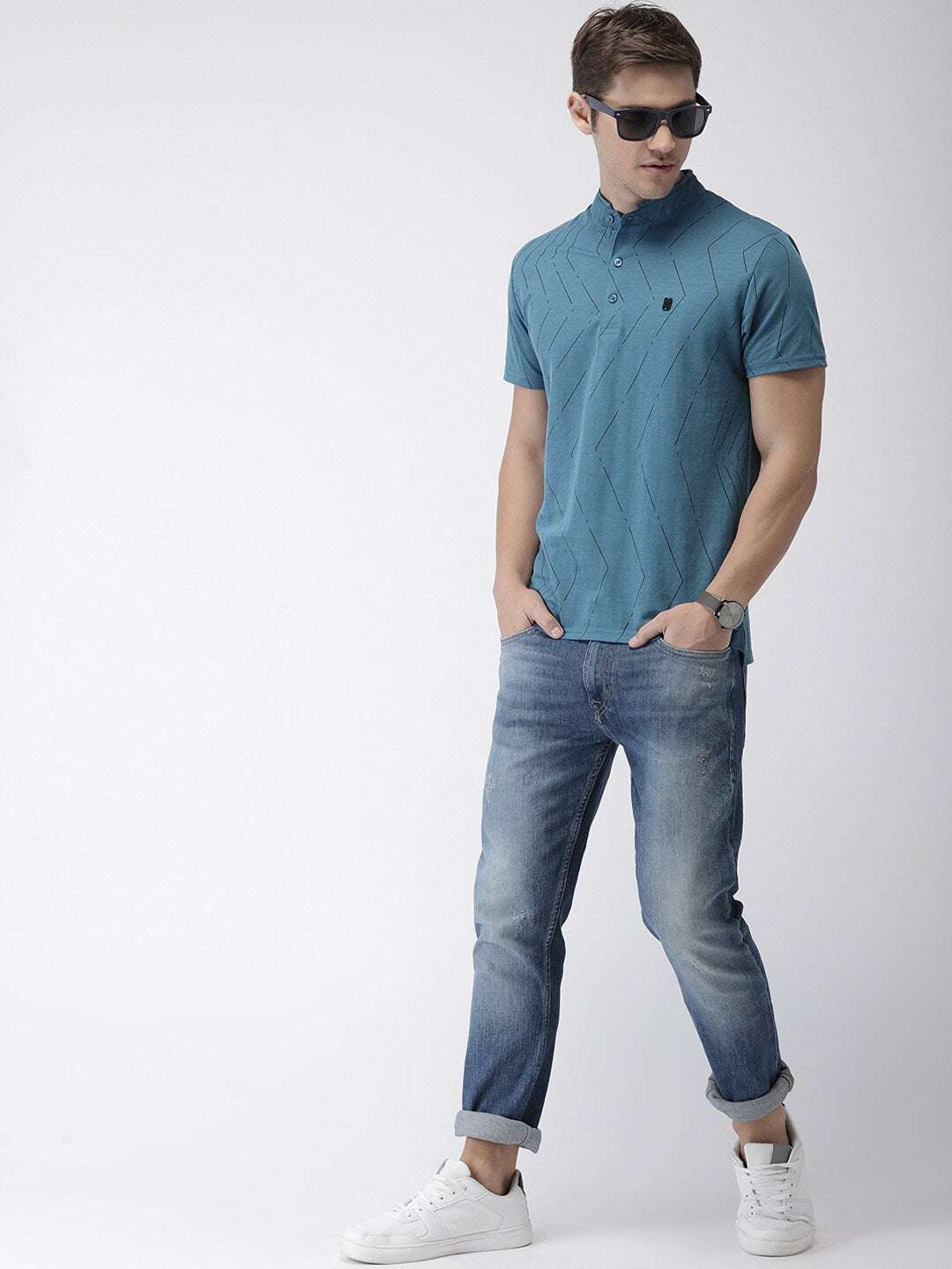 Shop The Indian Garage Co Men Teal Striped Mandarin Collar T-Shirt Online.