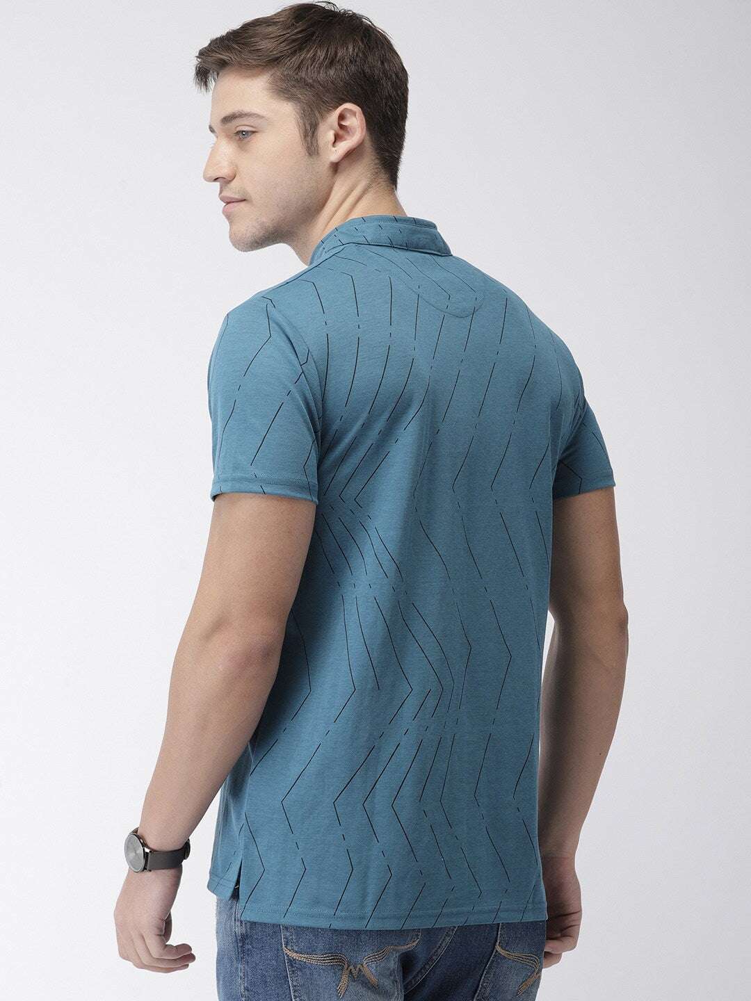 Shop The Indian Garage Co Men Teal Striped Mandarin Collar T-Shirt Online.