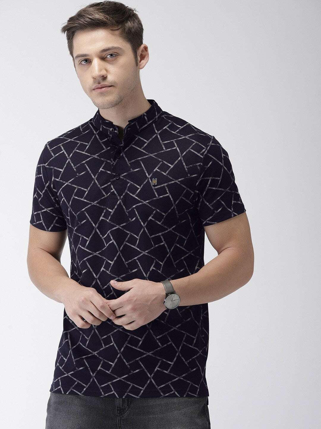 Shop The Indian Garage Co Men Navy Blue Printed Slim Fit Mandarin Collar T-Shirt Online.