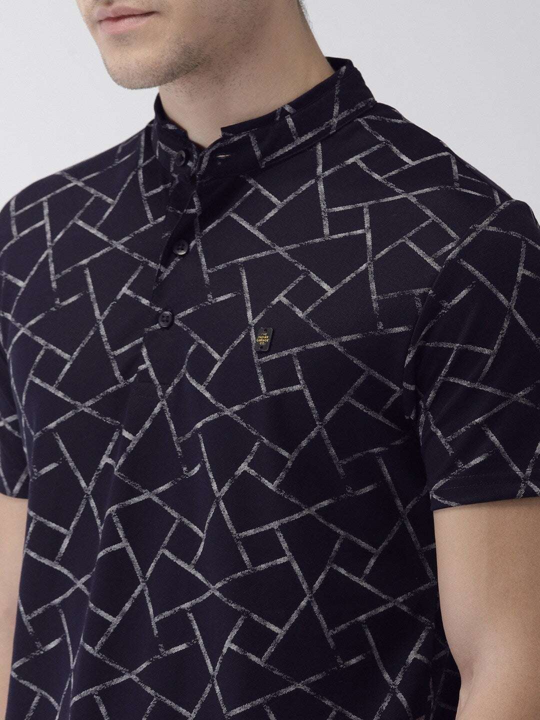 Shop The Indian Garage Co Men Navy Blue Printed Slim Fit Mandarin Collar T-Shirt Online.