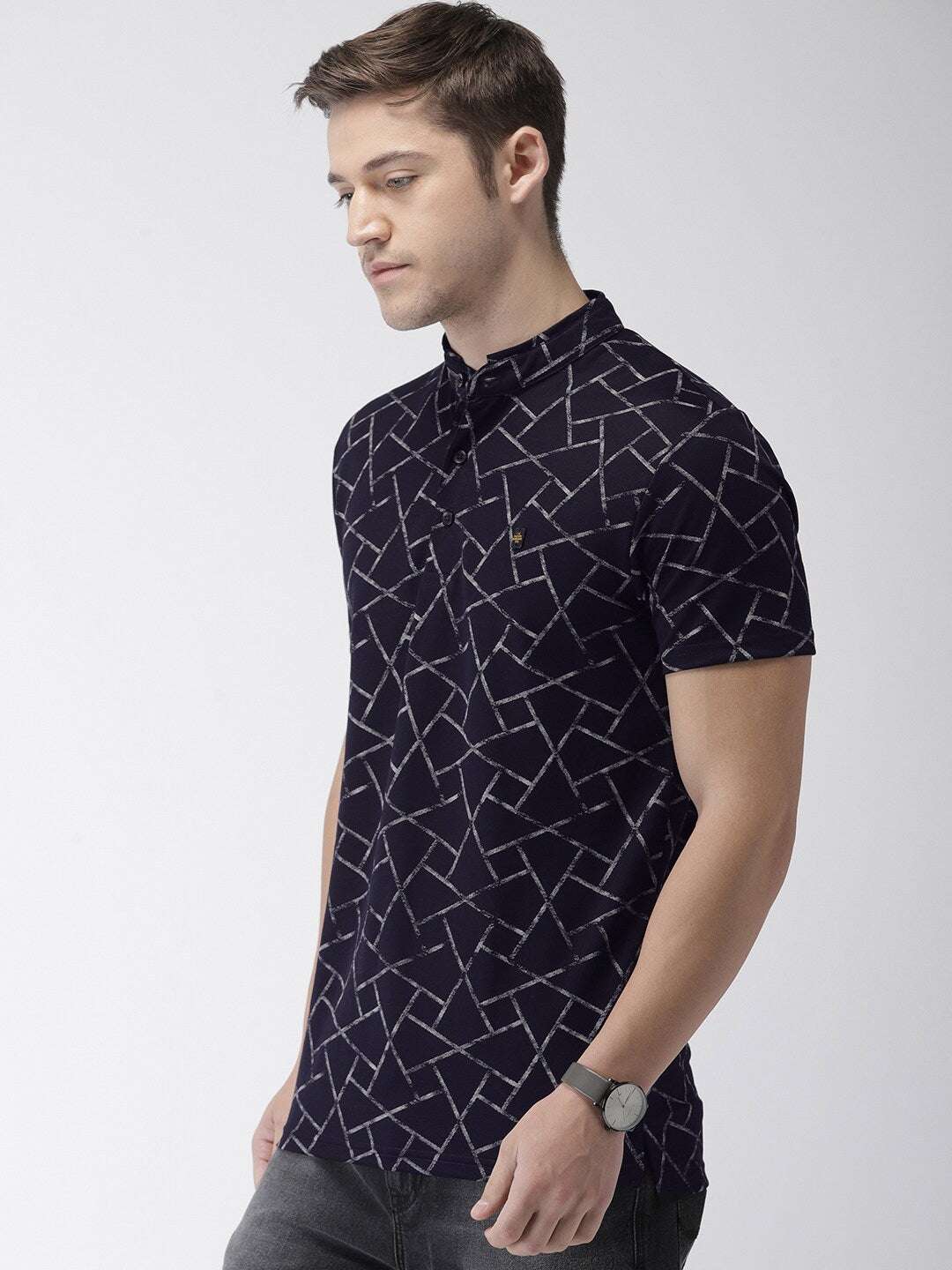 Shop The Indian Garage Co Men Navy Blue Printed Slim Fit Mandarin Collar T-Shirt Online.