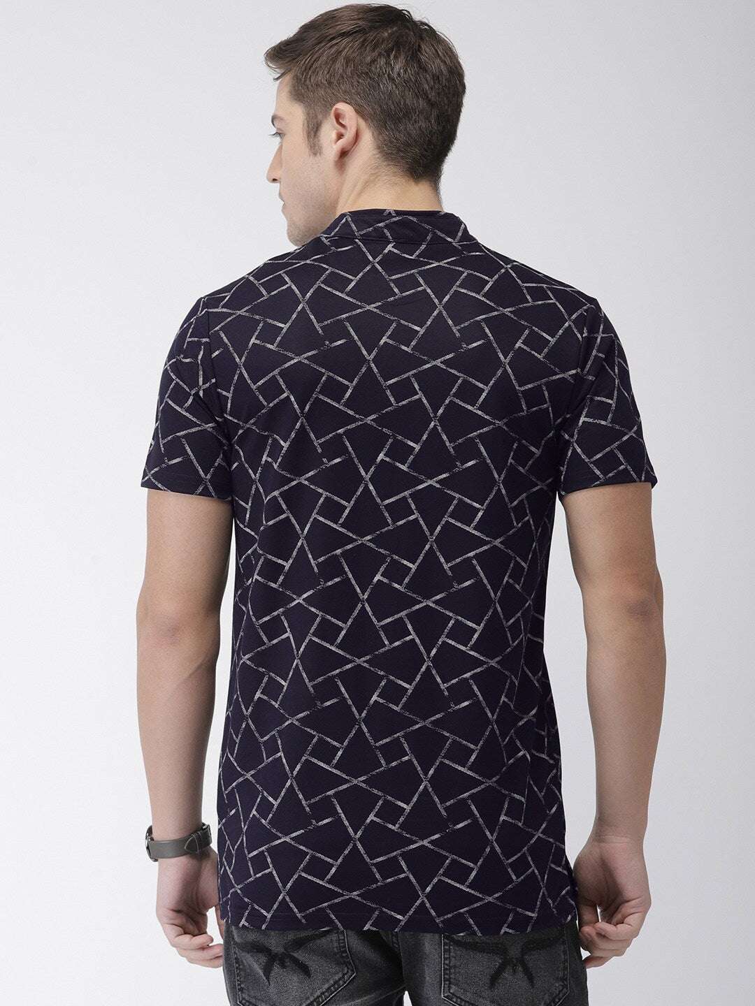 Shop The Indian Garage Co Men Navy Blue Printed Slim Fit Mandarin Collar T-Shirt Online.