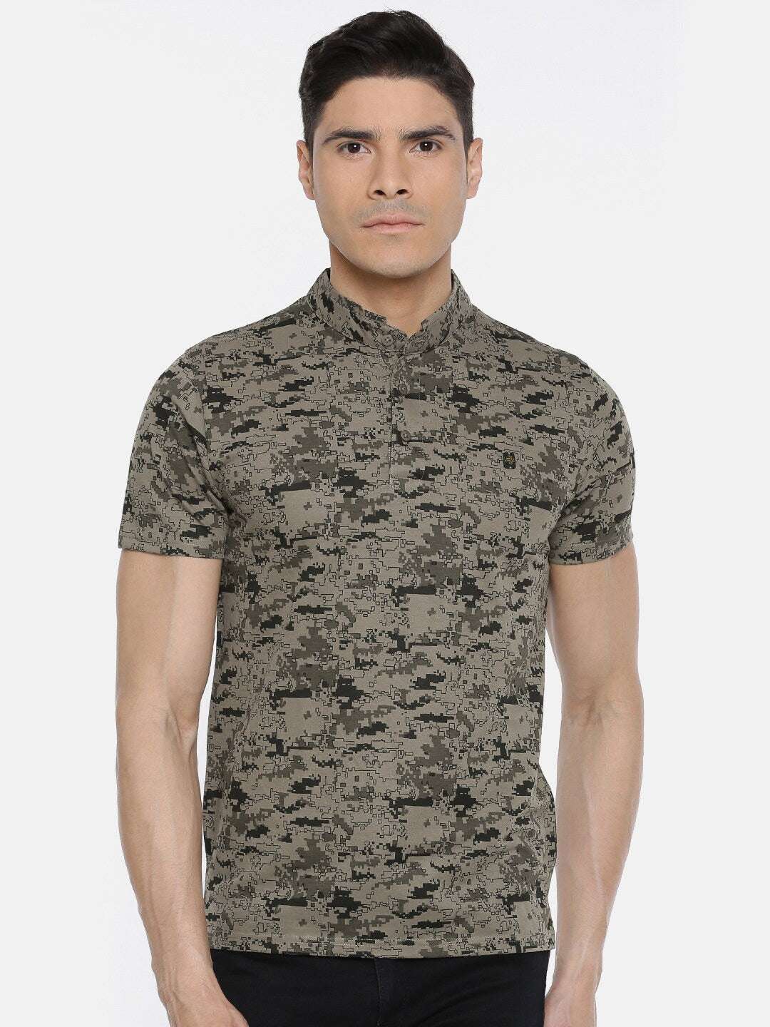 Shop The Indian Garage Co Men Khaki & Olive Green Printed Slim Fit Mandarin Collar T-Shirt Online.