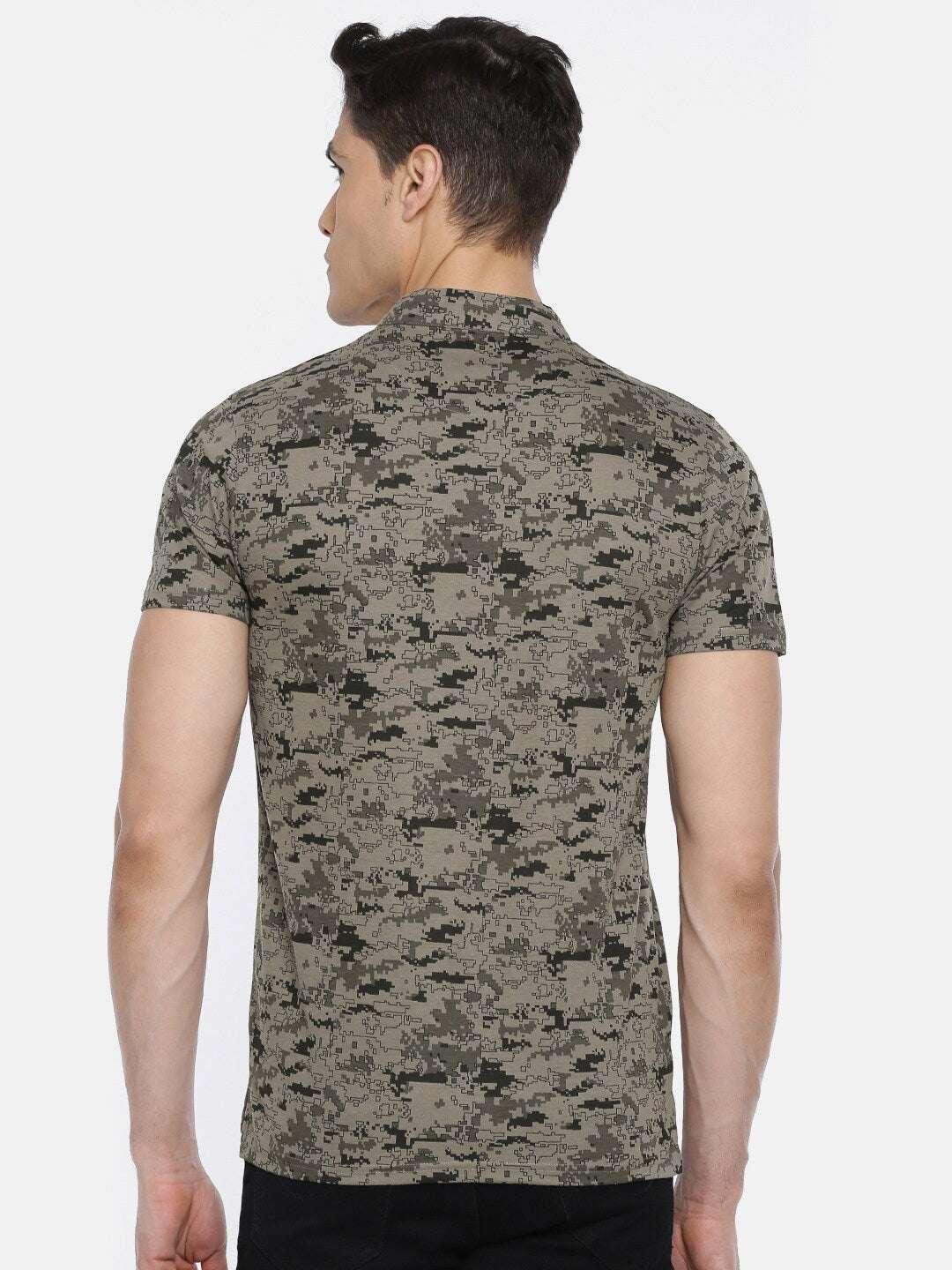 Shop The Indian Garage Co Men Khaki & Olive Green Printed Slim Fit Mandarin Collar T-Shirt Online.