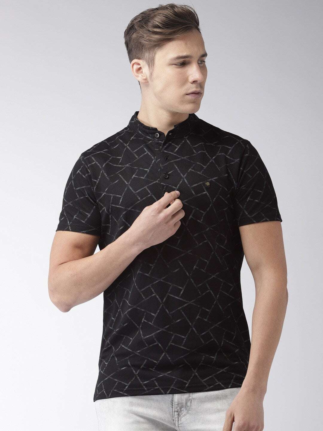 Shop The Indian Garage Co Men Black Printed Slim Fit Mandarin Collar T-Shirt Online.