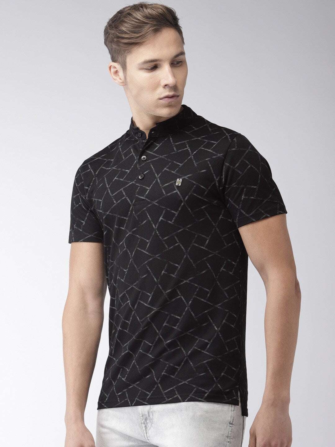 Shop The Indian Garage Co Men Black Printed Slim Fit Mandarin Collar T-Shirt Online.