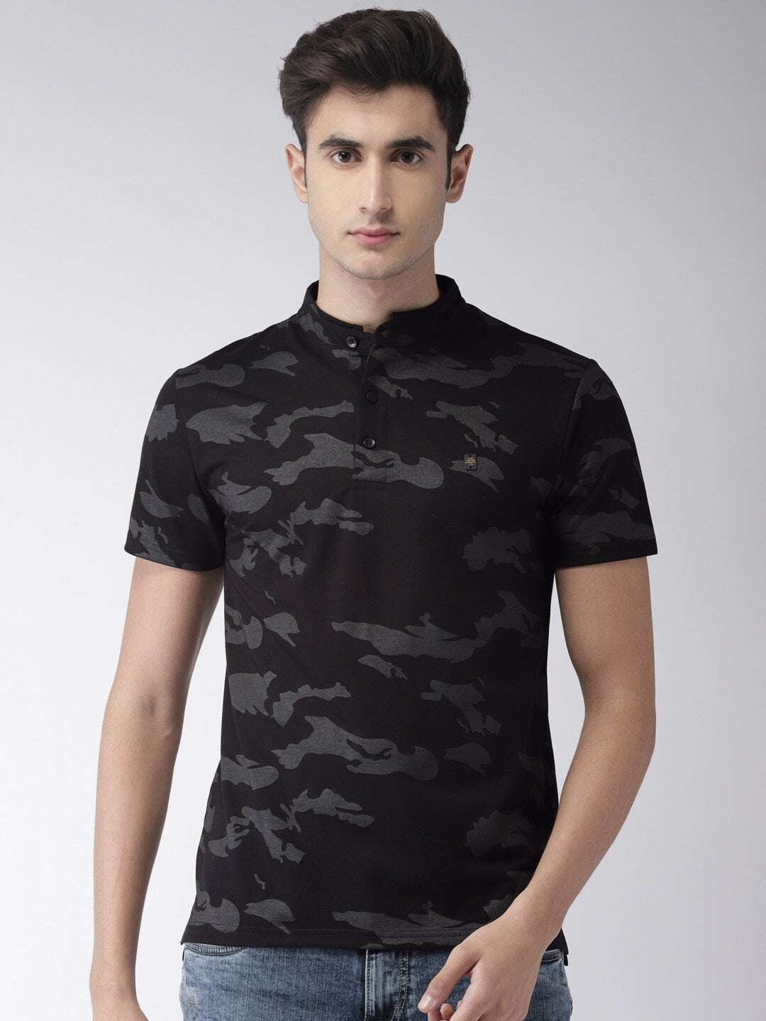 Shop The Indian Garage Co Men Black & Grey Camouflage Printed Slim Fit Mandarin Collar T-Shirt Online.