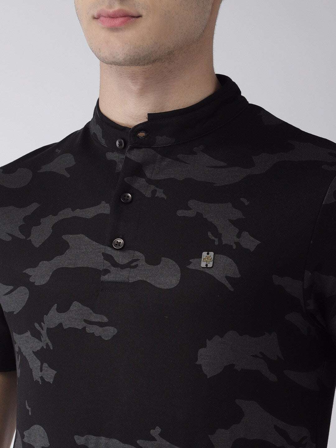 Shop The Indian Garage Co Men Black & Grey Camouflage Printed Slim Fit Mandarin Collar T-Shirt Online.