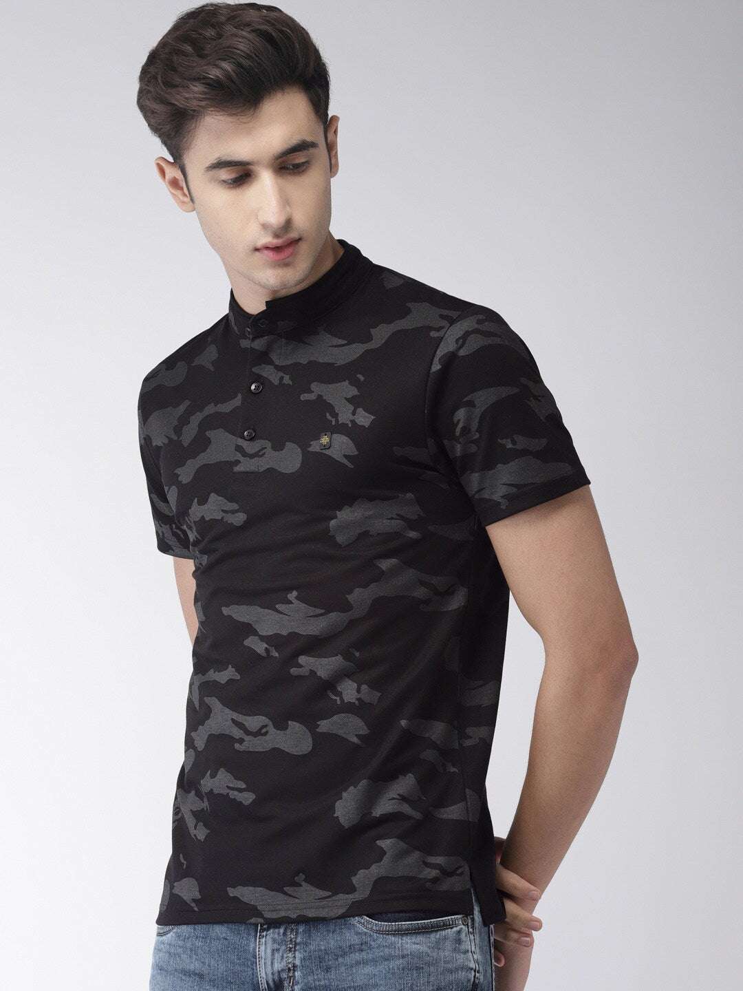 Shop The Indian Garage Co Men Black & Grey Camouflage Printed Slim Fit Mandarin Collar T-Shirt Online.