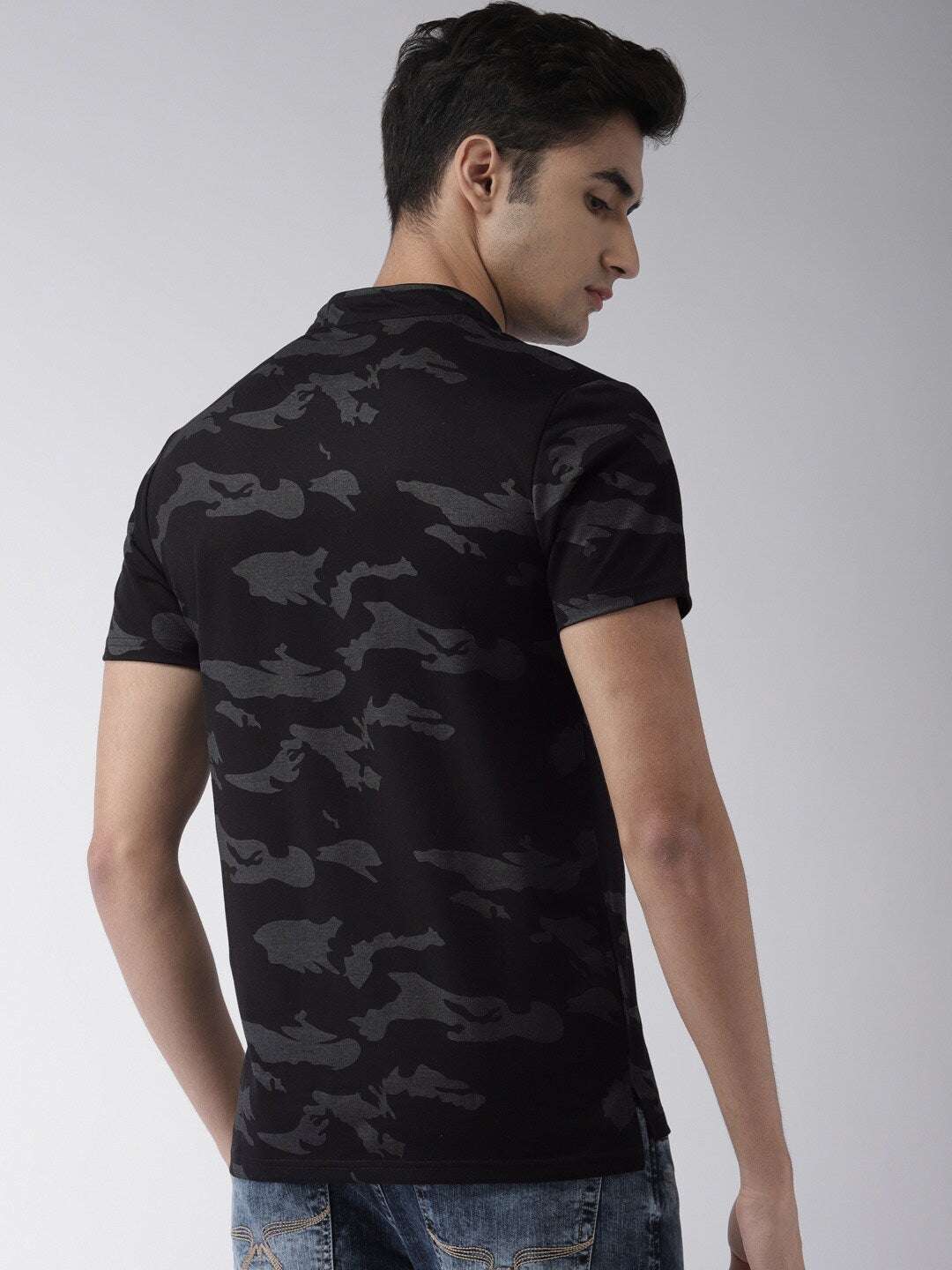 Shop The Indian Garage Co Men Black & Grey Camouflage Printed Slim Fit Mandarin Collar T-Shirt Online.