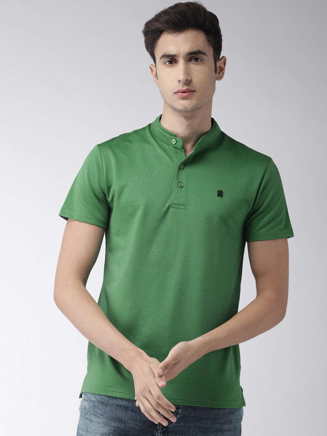 Shop The Indian Garage Co Men Green Solid Mandarin Collar T-Shirt Online.