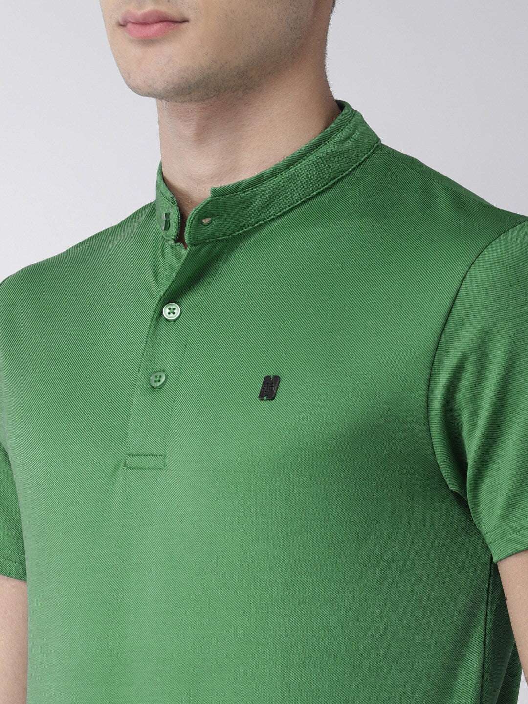 Shop The Indian Garage Co Men Green Solid Mandarin Collar T-Shirt Online.