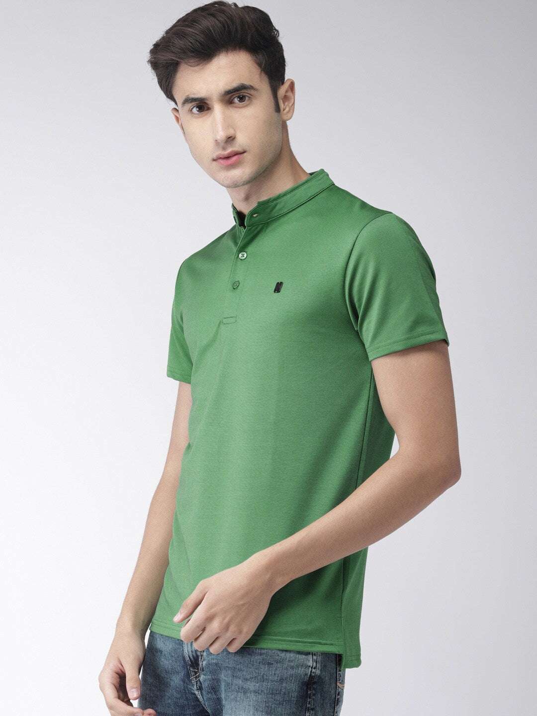 Shop The Indian Garage Co Men Green Solid Mandarin Collar T-Shirt Online.