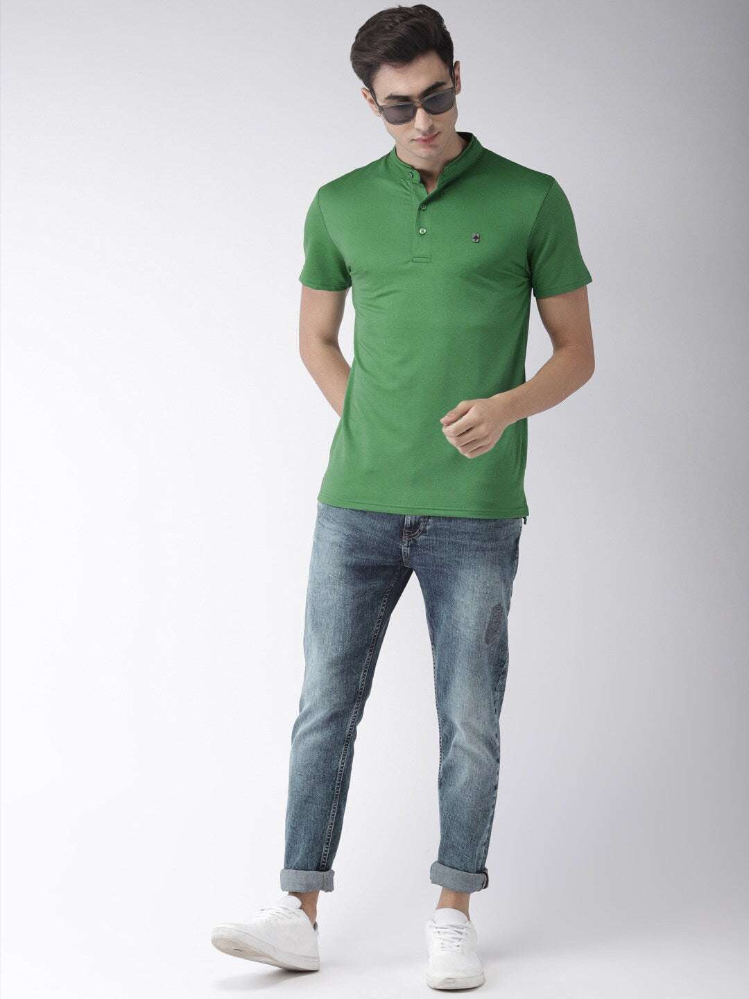 Shop The Indian Garage Co Men Green Solid Mandarin Collar T-Shirt Online.