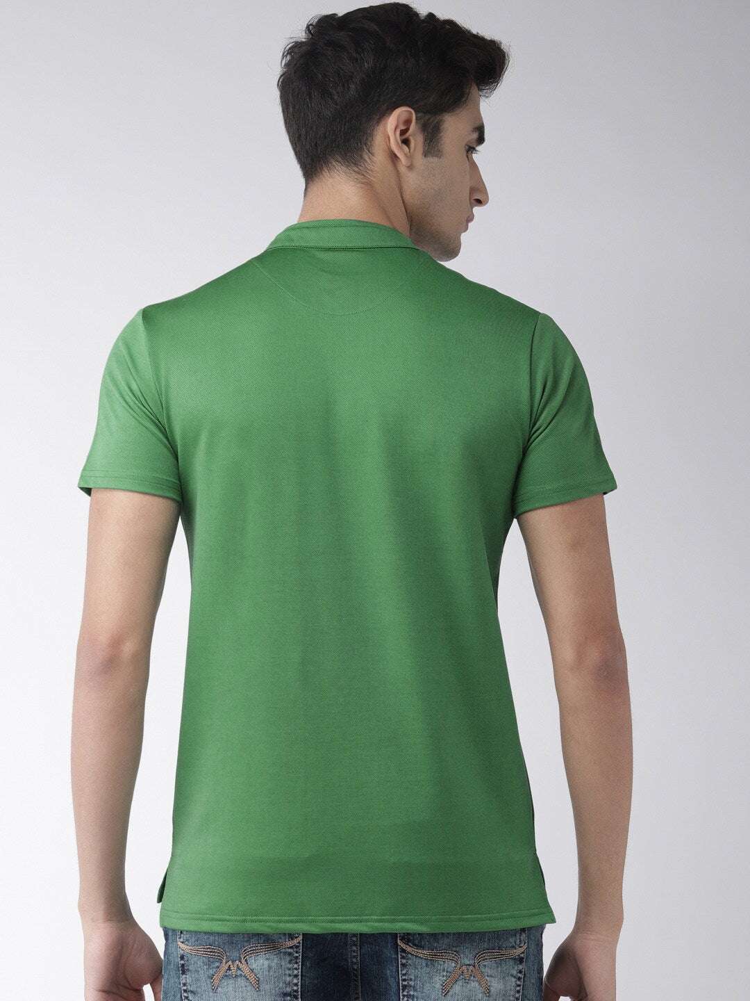 Shop The Indian Garage Co Men Green Solid Mandarin Collar T-Shirt Online.