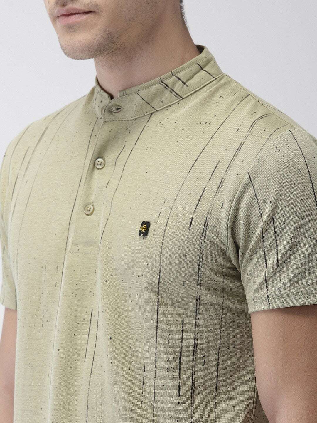 Shop The Indian Garage Co Men Olive Green Striped Mandarin Collar T-Shirt Online.