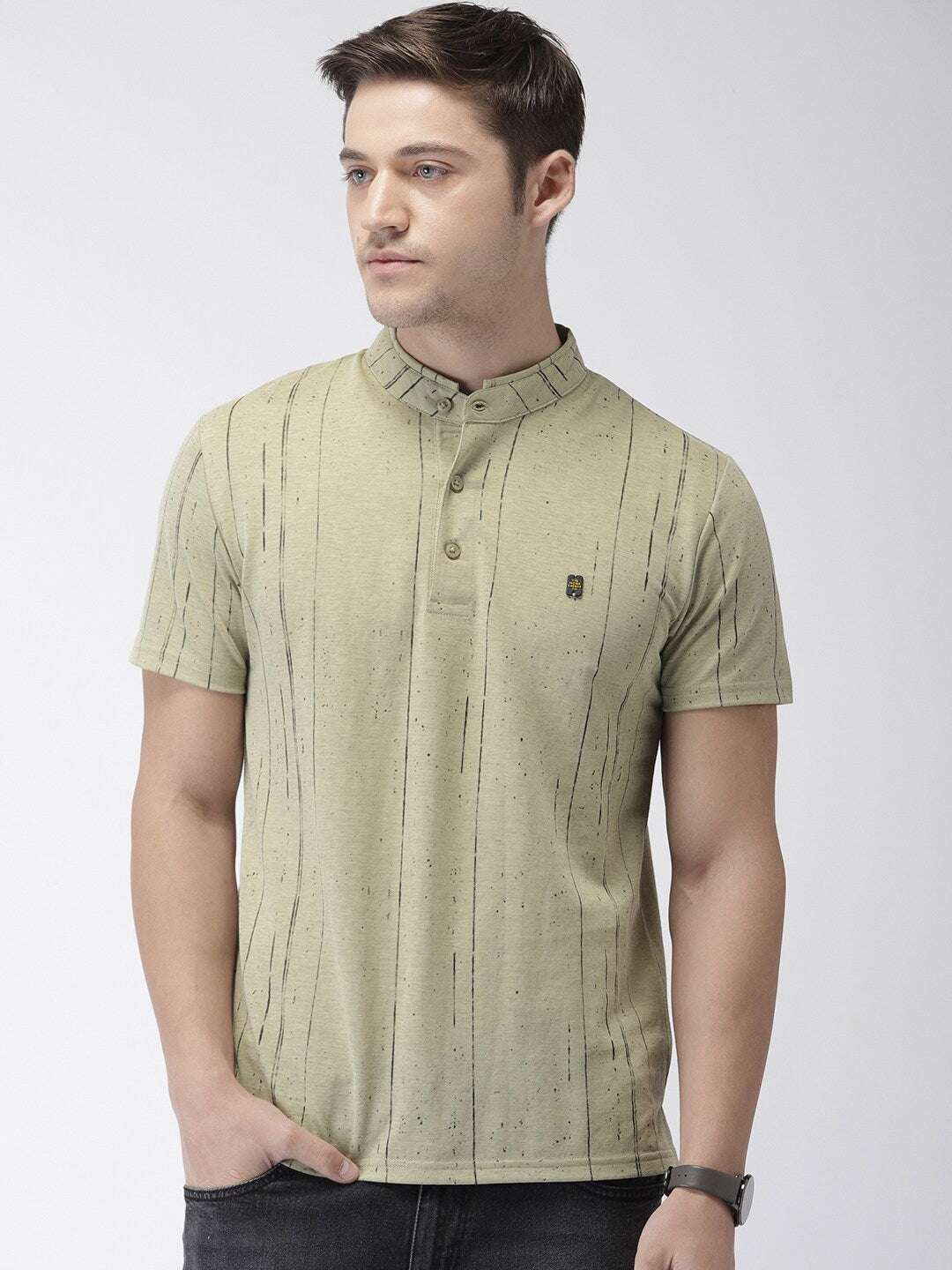 Shop The Indian Garage Co Men Olive Green Striped Mandarin Collar T-Shirt Online.