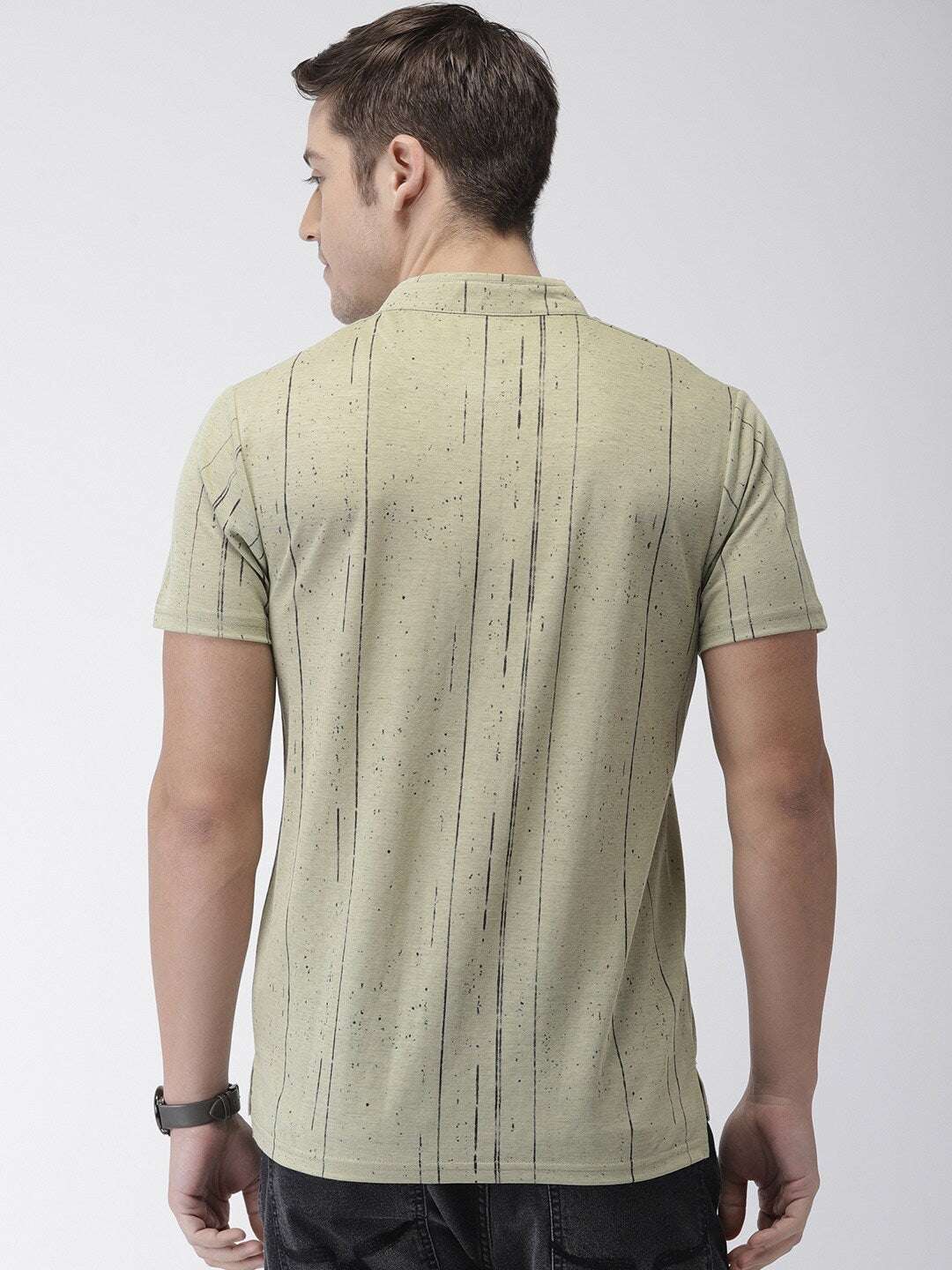 Shop The Indian Garage Co Men Olive Green Striped Mandarin Collar T-Shirt Online.