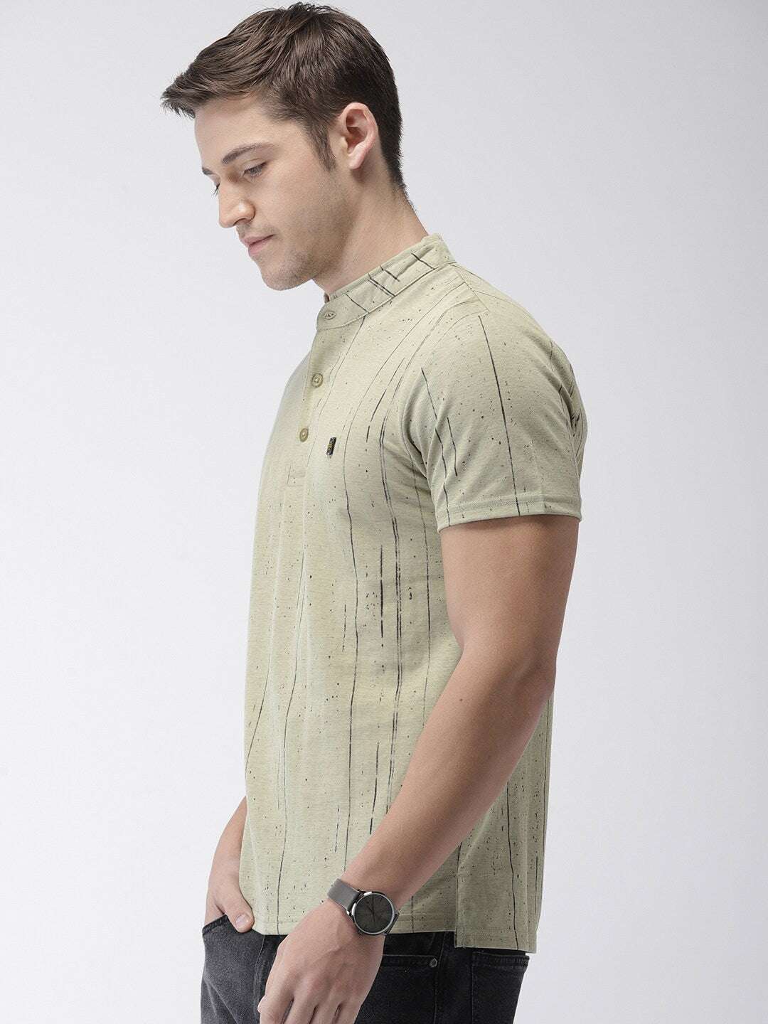 Shop The Indian Garage Co Men Olive Green Striped Mandarin Collar T-Shirt Online.