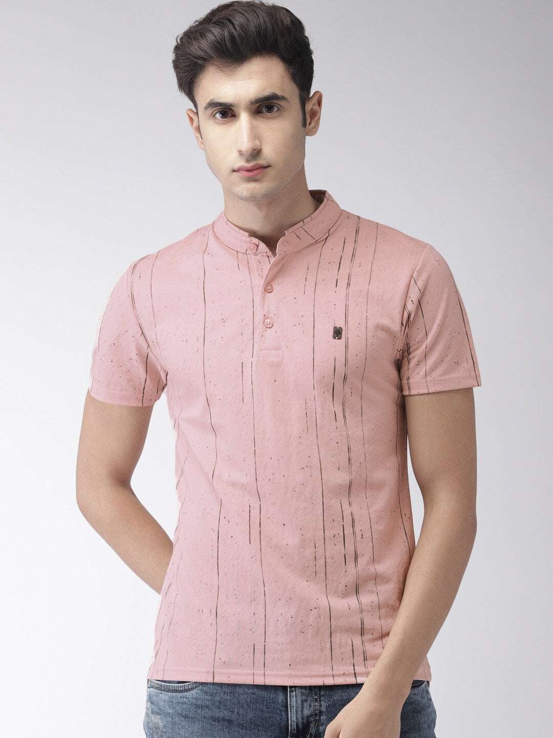 Shop The Indian Garage Co Men Pink Striped Mandarin Collar T-Shirt Online.