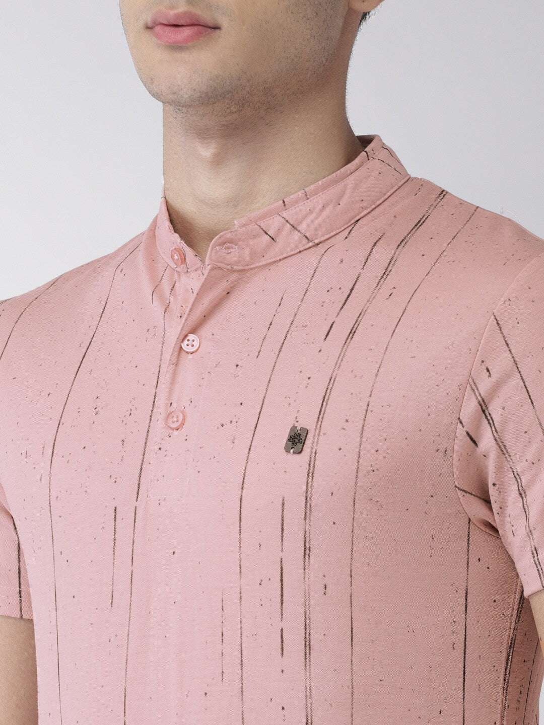 Shop The Indian Garage Co Men Pink Striped Mandarin Collar T-Shirt Online.