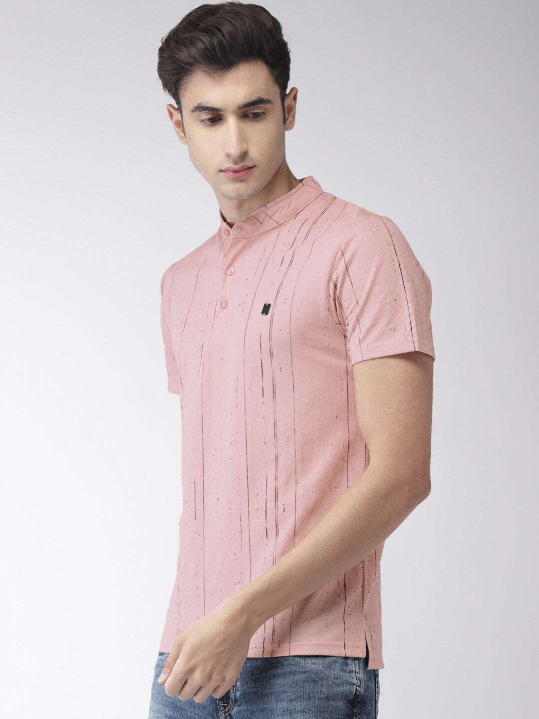 Shop The Indian Garage Co Men Pink Striped Mandarin Collar T-Shirt Online.