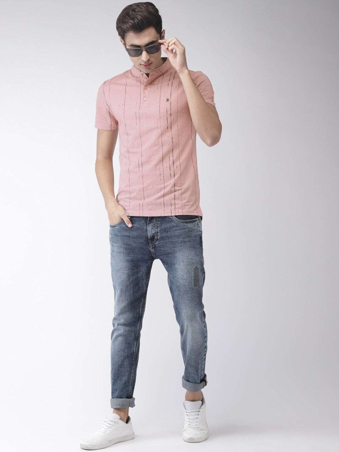 Shop The Indian Garage Co Men Pink Striped Mandarin Collar T-Shirt Online.