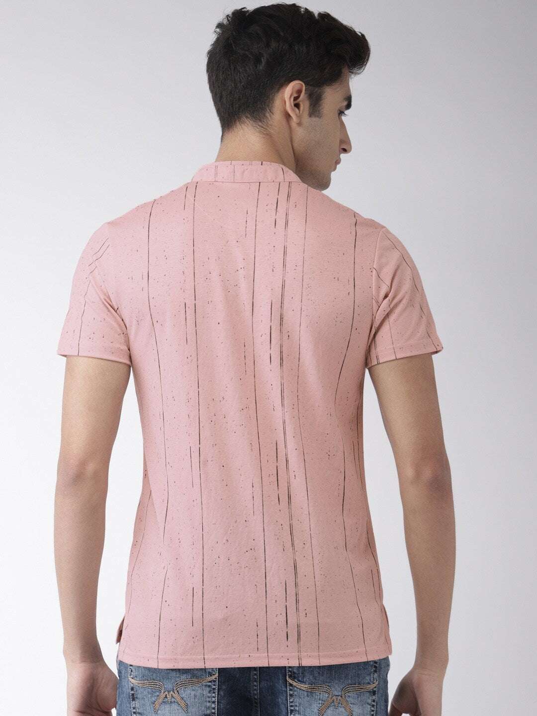 Shop The Indian Garage Co Men Pink Striped Mandarin Collar T-Shirt Online.