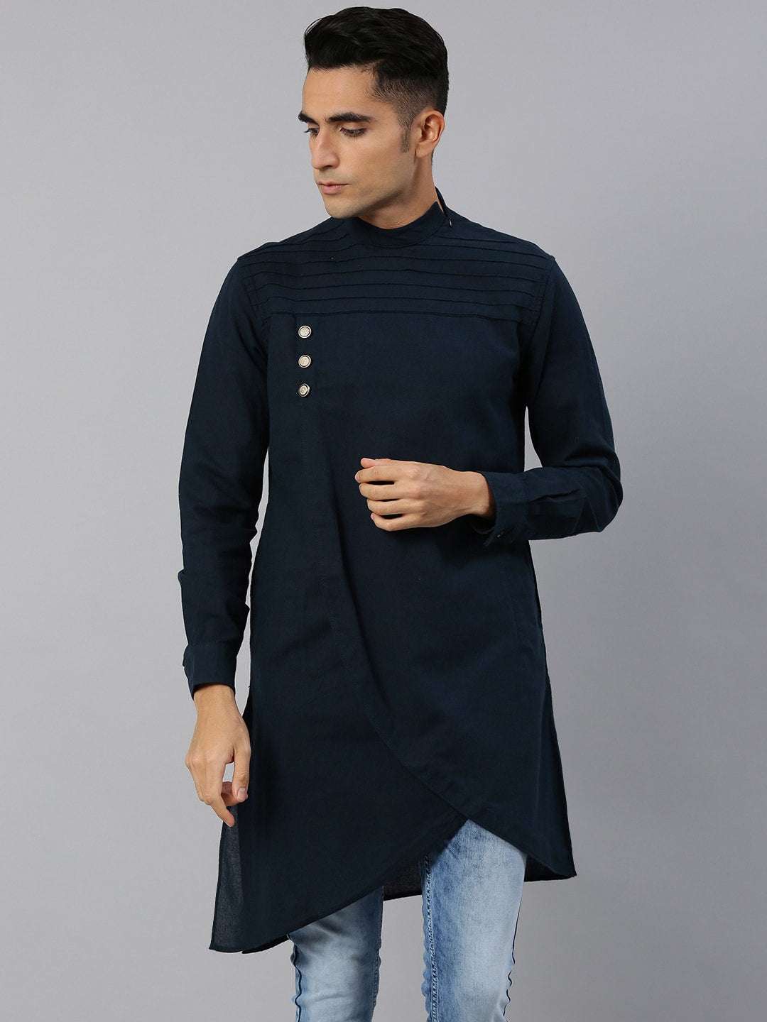 Shop Men Long Kurta Trail Cut Online.