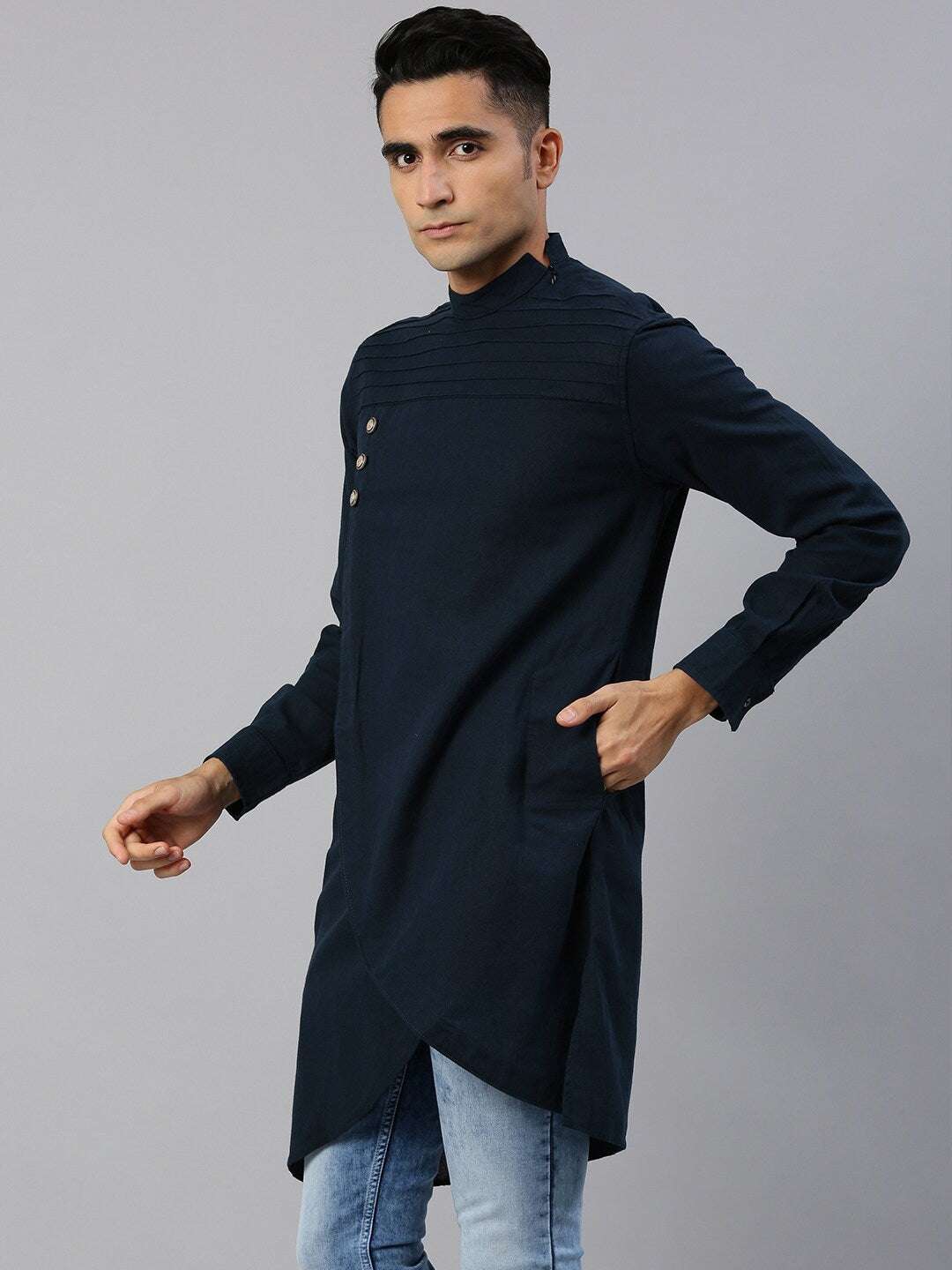 Shop Men Long Kurta Trail Cut Online.