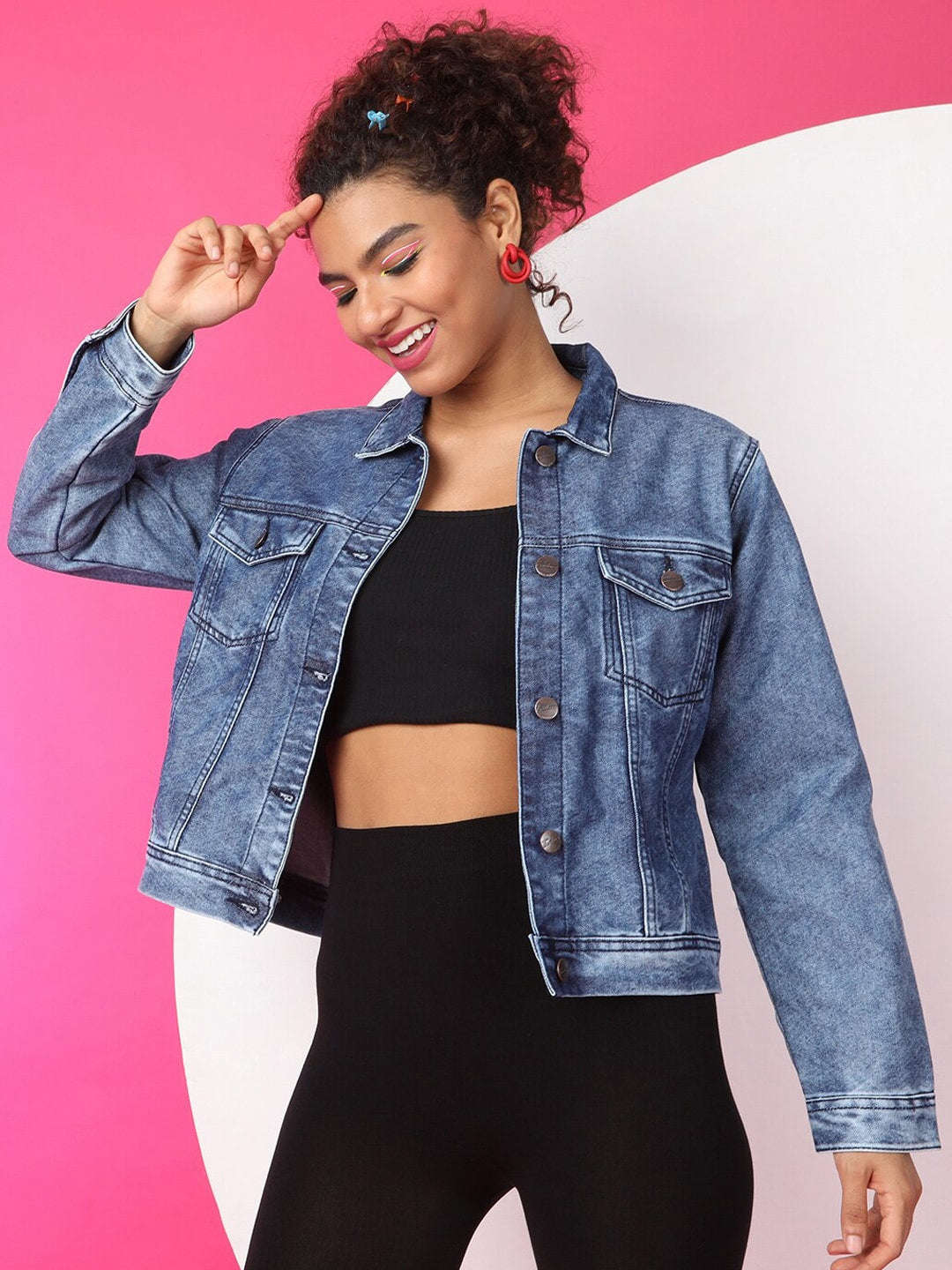 Shop Women Back Printed Denim Jacket Online.