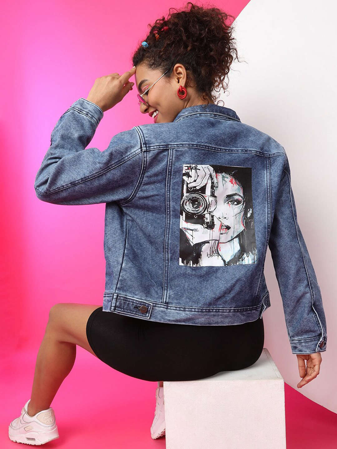 Shop Women Back Printed Denim Jacket Online.