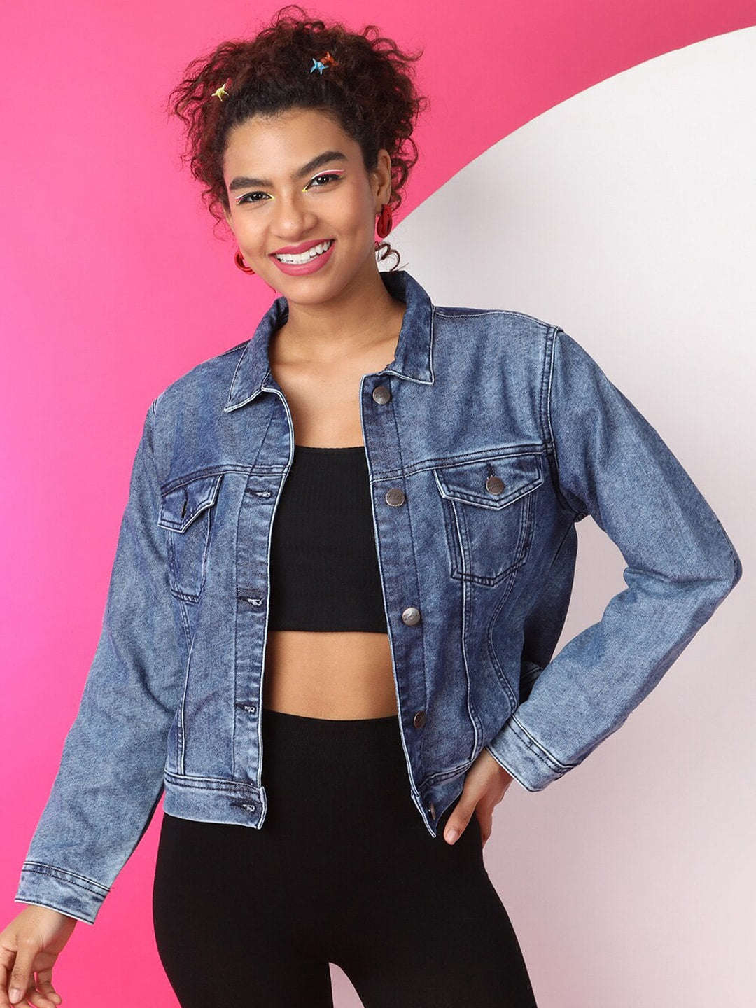 Shop Women Back Printed Denim Jacket Online.