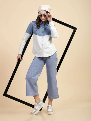 Shop Women Solid Denim Shirt Online.